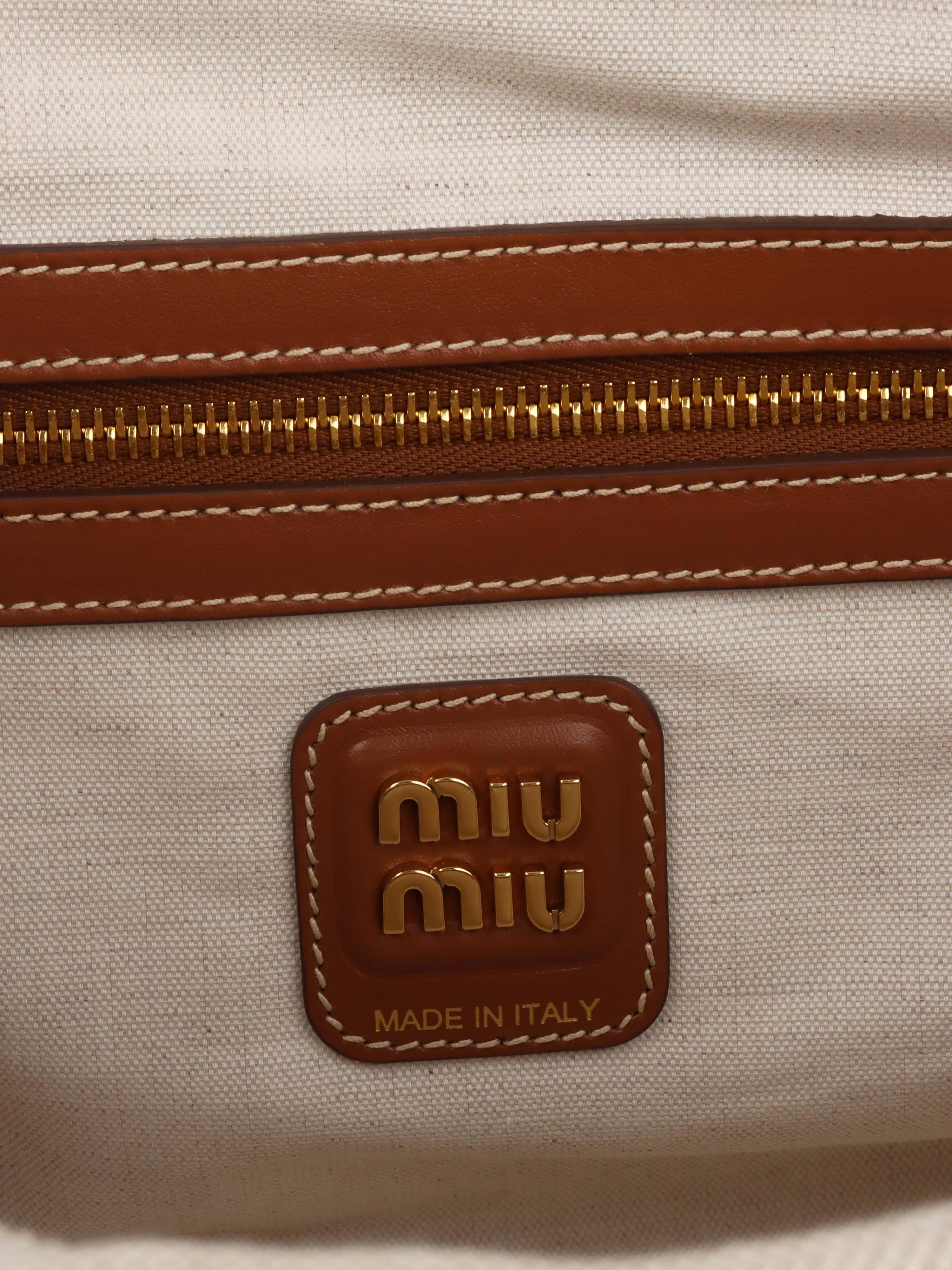Miu Miu Beau Canvas & Leather Tote Bag for Women - Stylish Designer Handbag for Work, Travel & Everyday Use
