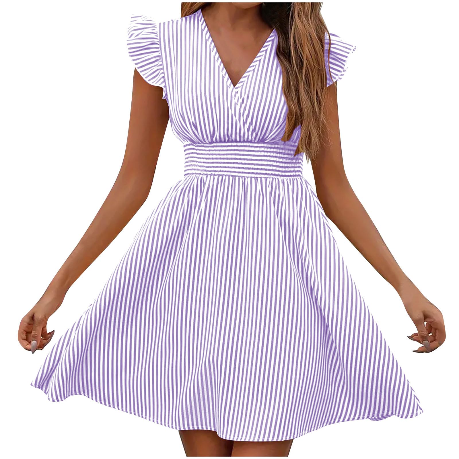 Elegant V-Neck Ruffled Sleeve Knee-Length Wedding Guest Dress for Women - Solid Color Formal Sundress with Elastic Waist | Perfect for Bridal Showers, Garden Parties & Summer Weddings