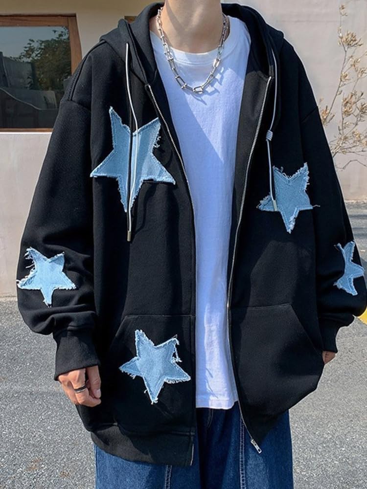 Y2K Oversized Star Patch Zip-Up Hoodie for Men & Women - Trendy Graphic Sweatshirt Jacket | Streetwear Fashion for Casual Outfits & Urban Style