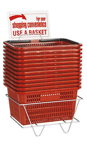 12-Pack Red Plastic Shopping Baskets with Metal Stand - 12