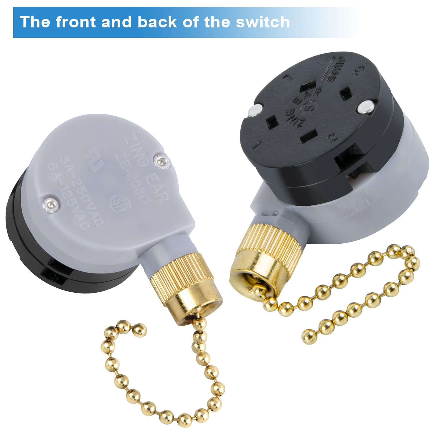 Zing Ear ZE-208D 3-Speed Ceiling Fan Control Switch with 5-8 Wire Pull Chain - Brass Chain Replacement Part for Ceiling Fans - Perfect for Bedroom, Living Room & Office Fan Repair