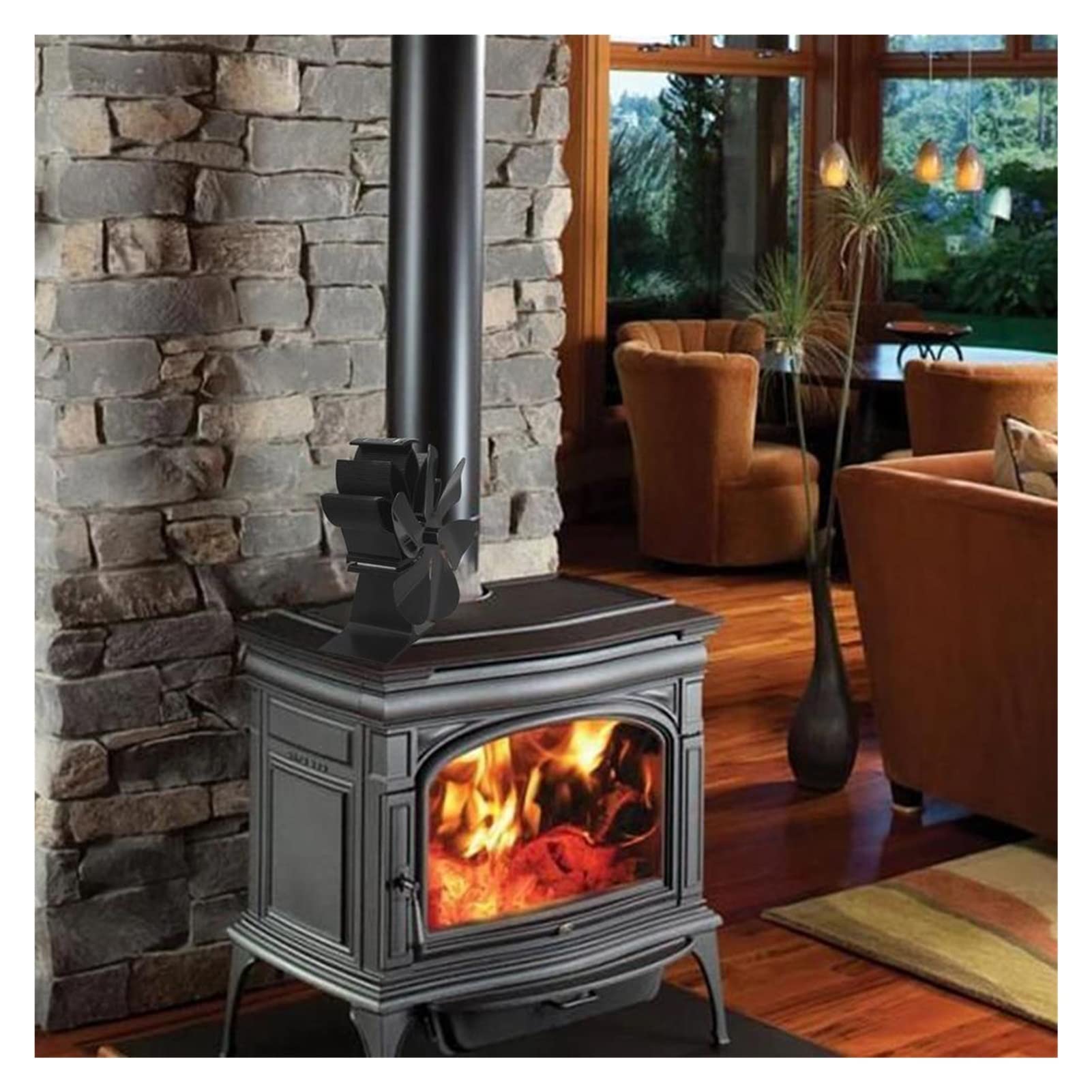 6-Blade Black Heat Powered Stove Fan - Quiet Wood Burner Fireplace Fan for Efficient Heat Distribution - Perfect for Home, Cabin & RV Fireplaces (Color: A)