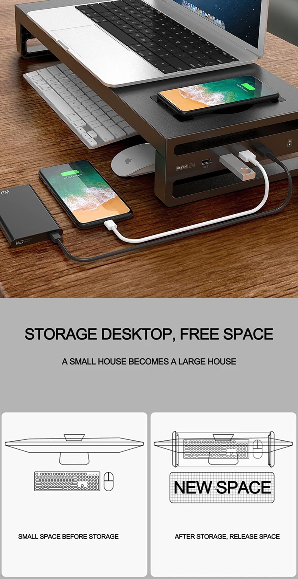 Adjustable Monitor Stand Riser with Storage Shelf - Ergonomic Computer Desk Organizer for Home Office, PC, Printer | Space-Saving USB Hub & Wireless Charging Station (No USB3.0/No Wireless Charging) - Perfect for Work from Home Setup