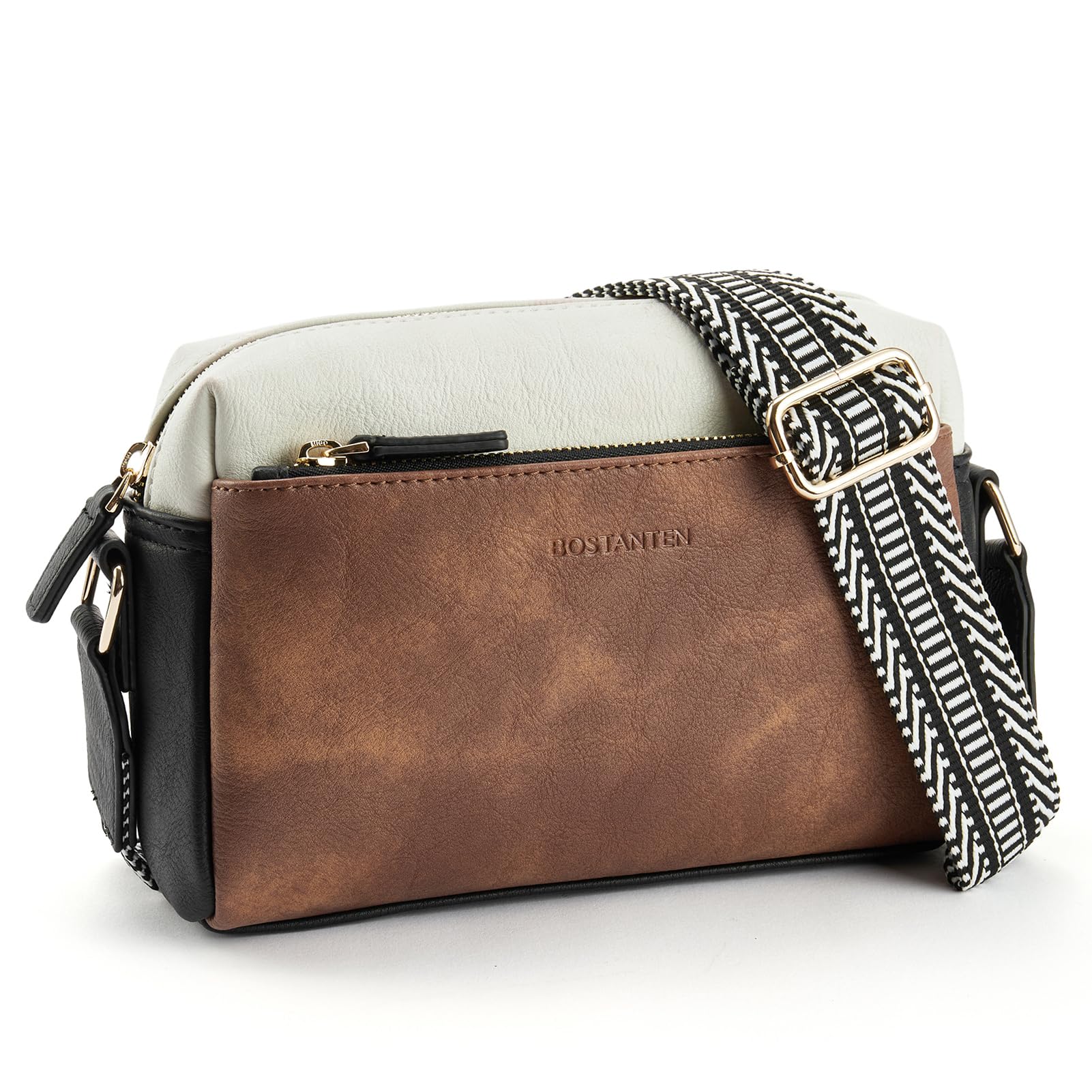 BOSTANTEN Women's Small Crossbody Bag - Triple Zip Leather Phone Purse with Adjustable Color Shoulder Strap | Perfect for Travel, Shopping & Everyday Use