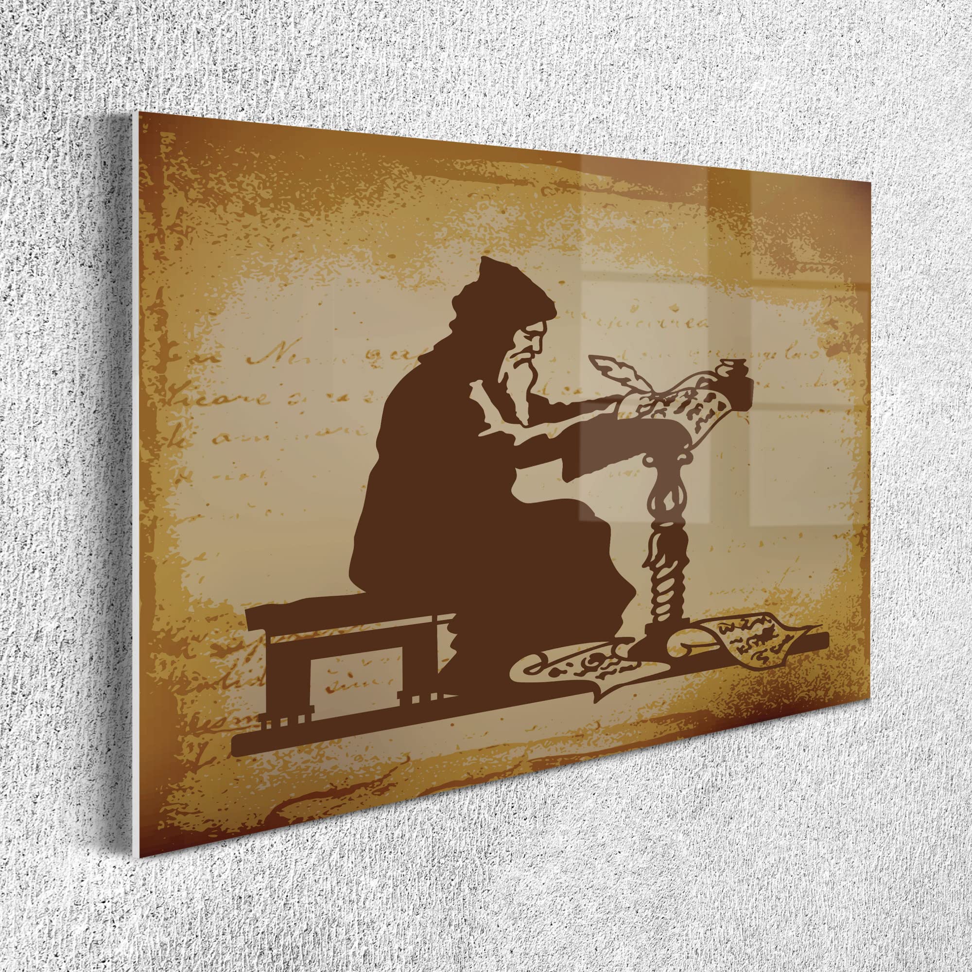Medieval Acrylic Glass Wall Art - Old Monk Writing Chronicle Retro Print, Vintage Home Decor for Living Room, Bedroom & Dorm (26.3x19.6 Inch, Cream Brown) - Perfect for History Lovers & Gothic Interior Design