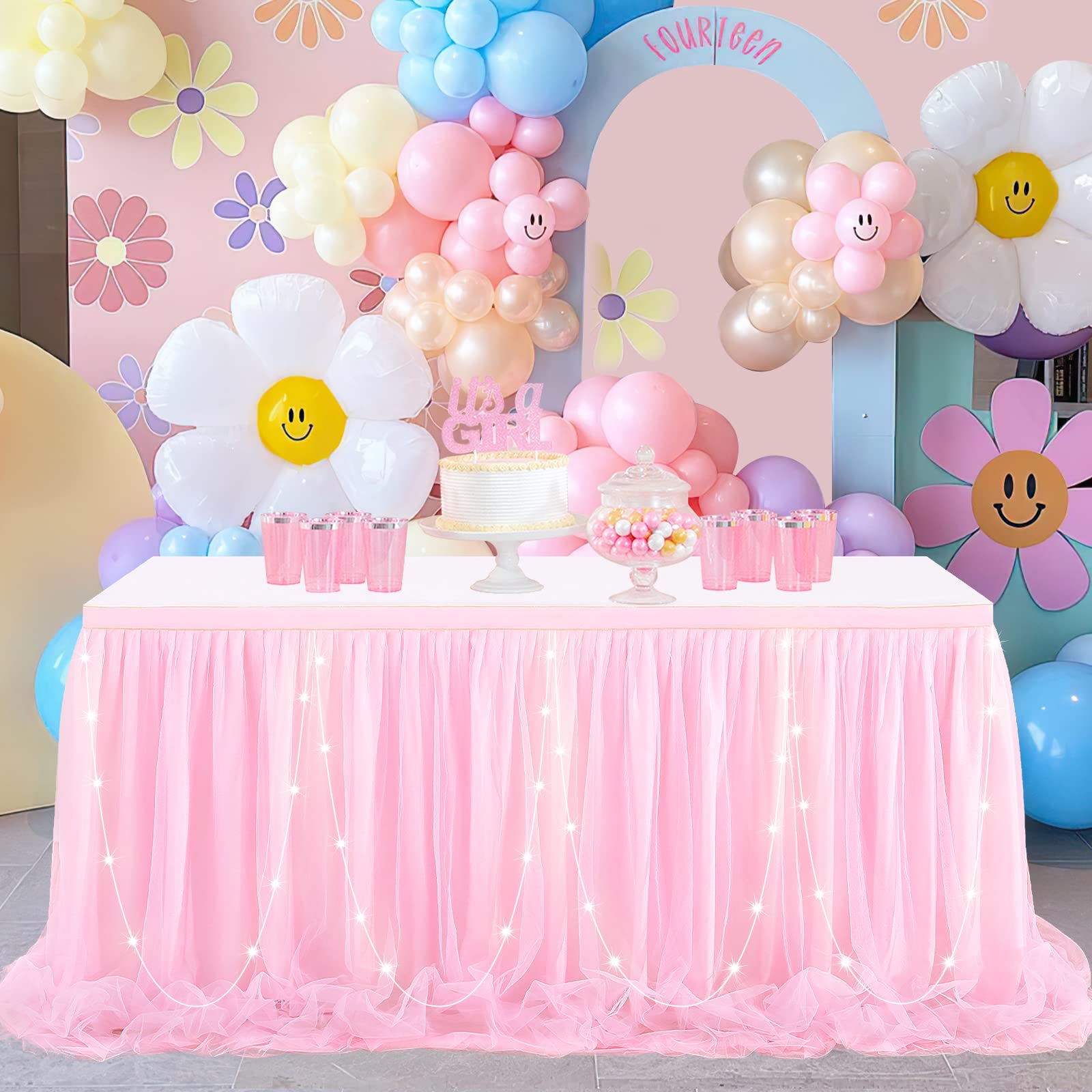 QueenDream 14 ft Pink Tulle Table Skirt - Elegant Tutu Table Cover for Rectangle Tables, Baby Showers, Birthday Parties & Banquets | LED Accent Lighting for Girls' Celebrations & Wedding Decor