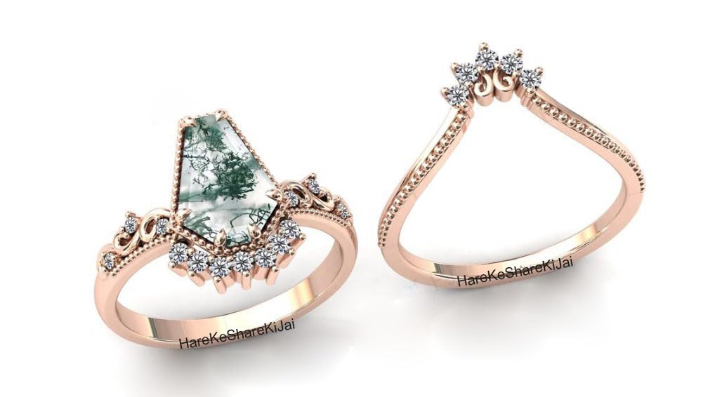 Vintage Art Deco Coffin Shaped Moss Agate Engagement Ring Set - 925 Sterling Silver Wedding Band, Anniversary Gift for Women - Perfect for Bridal Jewelry, Christmas Presents & Special Occasions