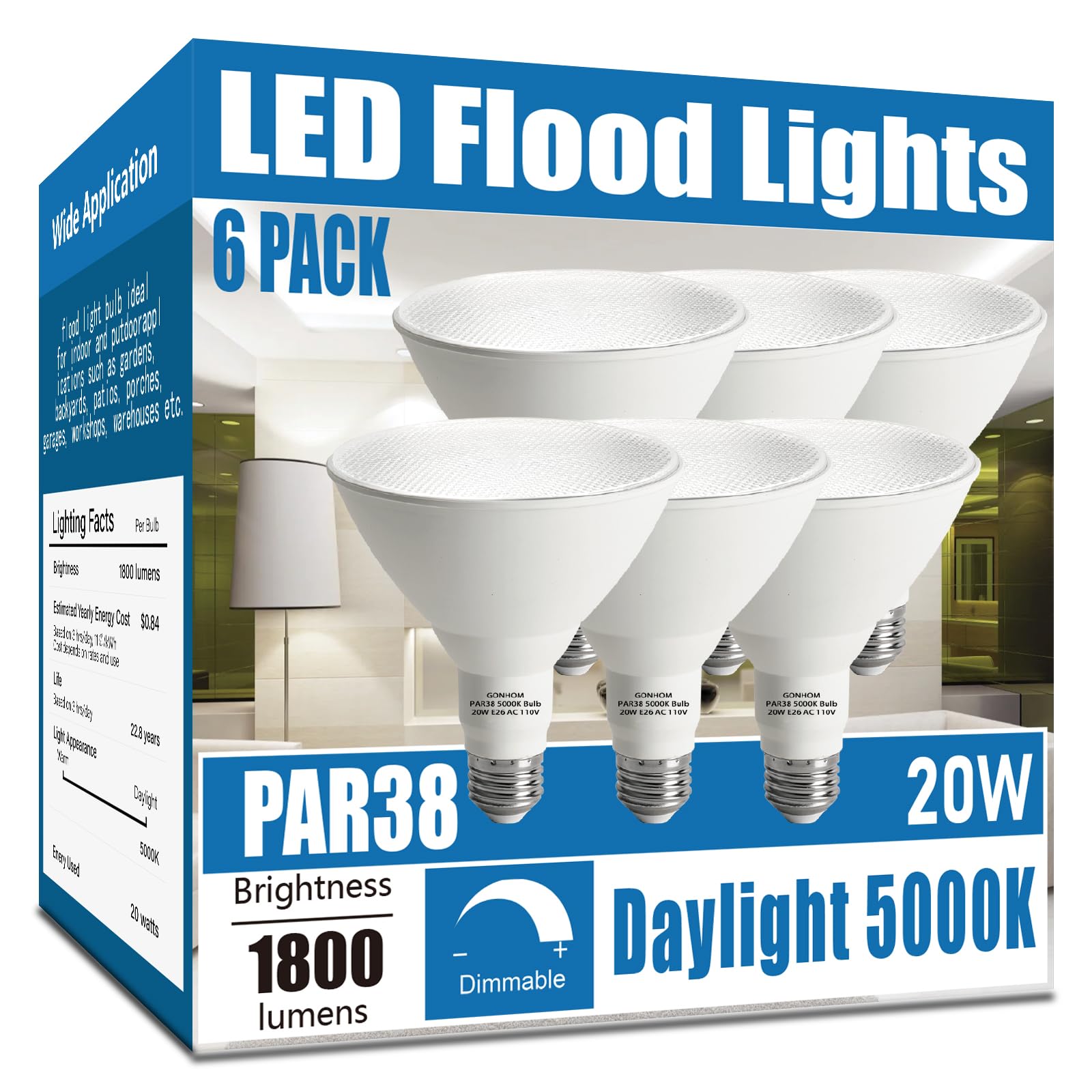 Par38 LED Flood Light Bulbs 6 Pack - Dimmable 5000K Daylight, 20W (Replaces 200W), 1800LM, E26 Base - Outdoor Lighting for Backyard, Garage, Porch & Garden - Perfect for Landscape, Pathway & Security Lighting