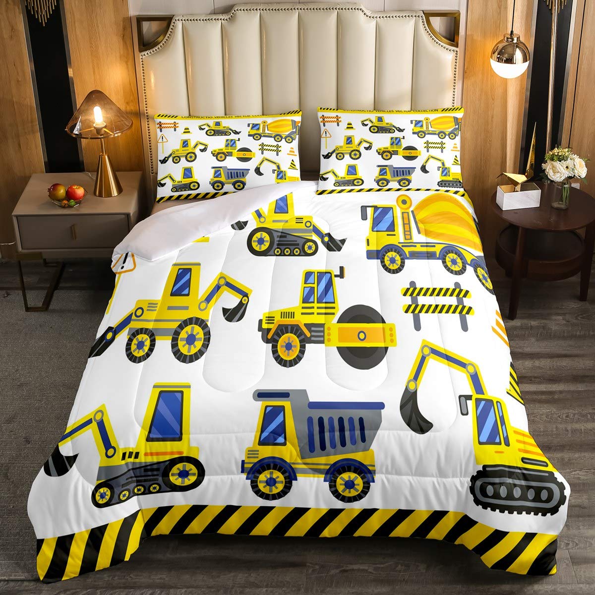 Kids Comforter Set - Cartoon Cars & Construction Vehicles Duvet Cover (Excavator, Tractor, Bulldozer) | Ultra Soft Microfiber Queen Size Bedding for Boys Room Decor | Perfect for Nursery, Toddler Bedrooms & Themed Children's Rooms