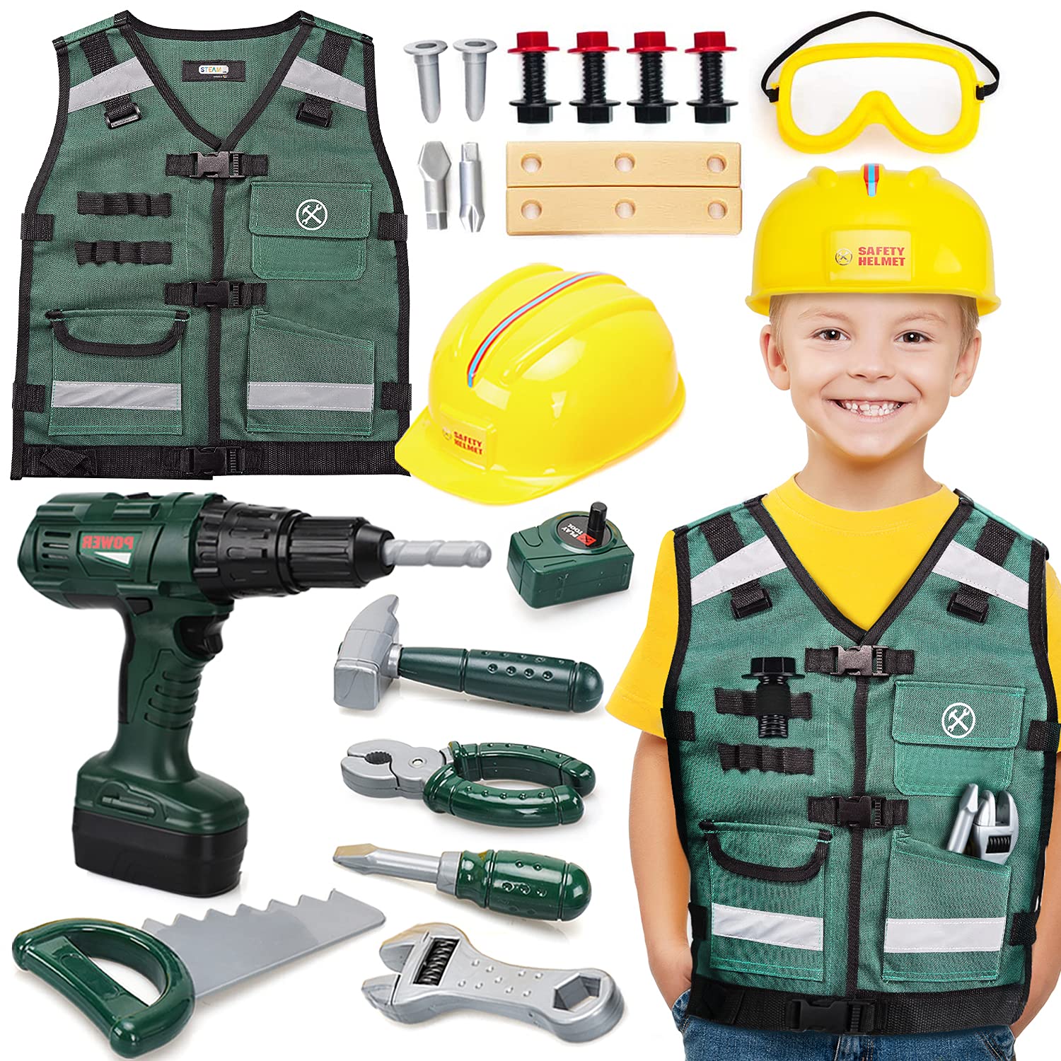 STEAM Life Kids Tool Set - 24-Piece Pretend Play Construction Toy Set with Vest, Drill, Measuring Tape & Hammer - Educational STEM Gift for Boys & Girls Ages 4-8 - Perfect for Christmas, Birthday & Role Play Activities