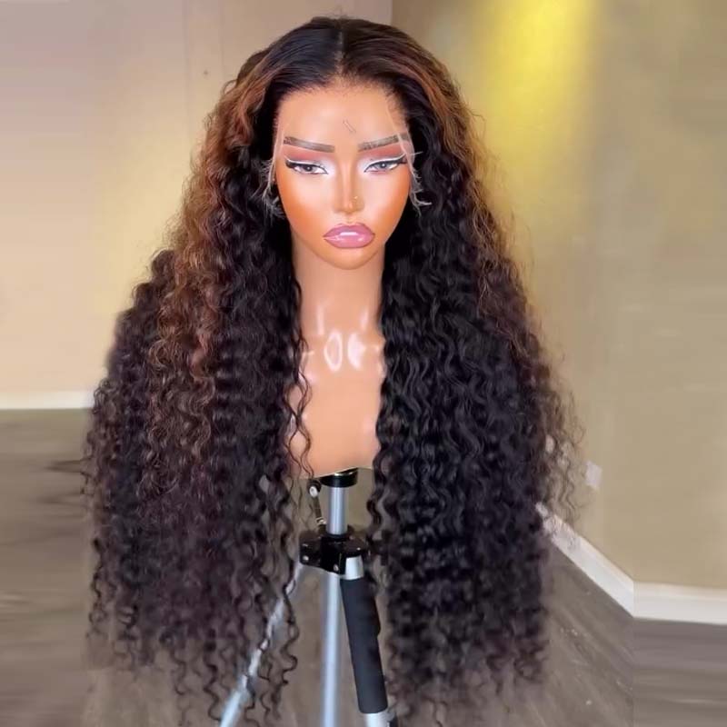 Eullair Honey Blonde Highlights Deep Curly Human Hair Lace Front Wig - Pre Plucked Glueless HD Lace Wigs for Black Women | Natural Look for Daily Wear, Parties & Special Occasions
