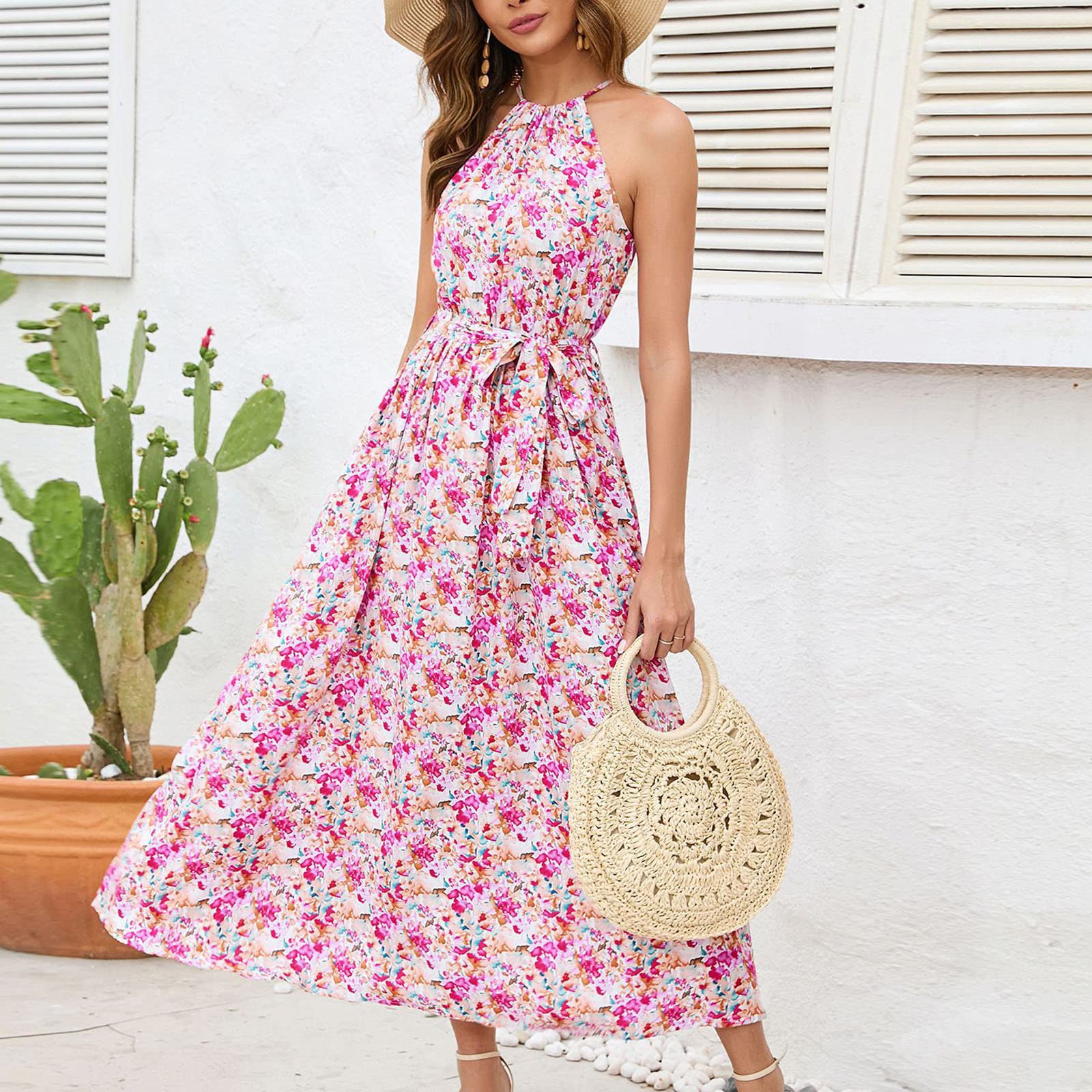 Women's Pink Floral Sleeveless Maxi Dress - Halter Neck Pleated Long Dress with Tie Waist & Flowy Hem | Perfect for Beach Vacations, Summer Parties & Casual Outings