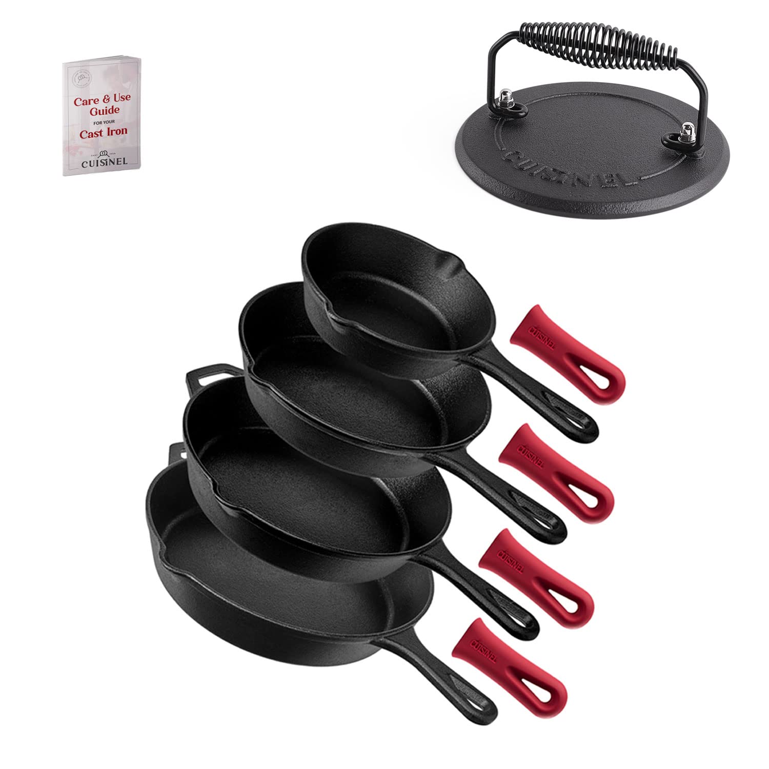 Premium 4-Piece Cast Iron Skillet Set with Grill Press - 6