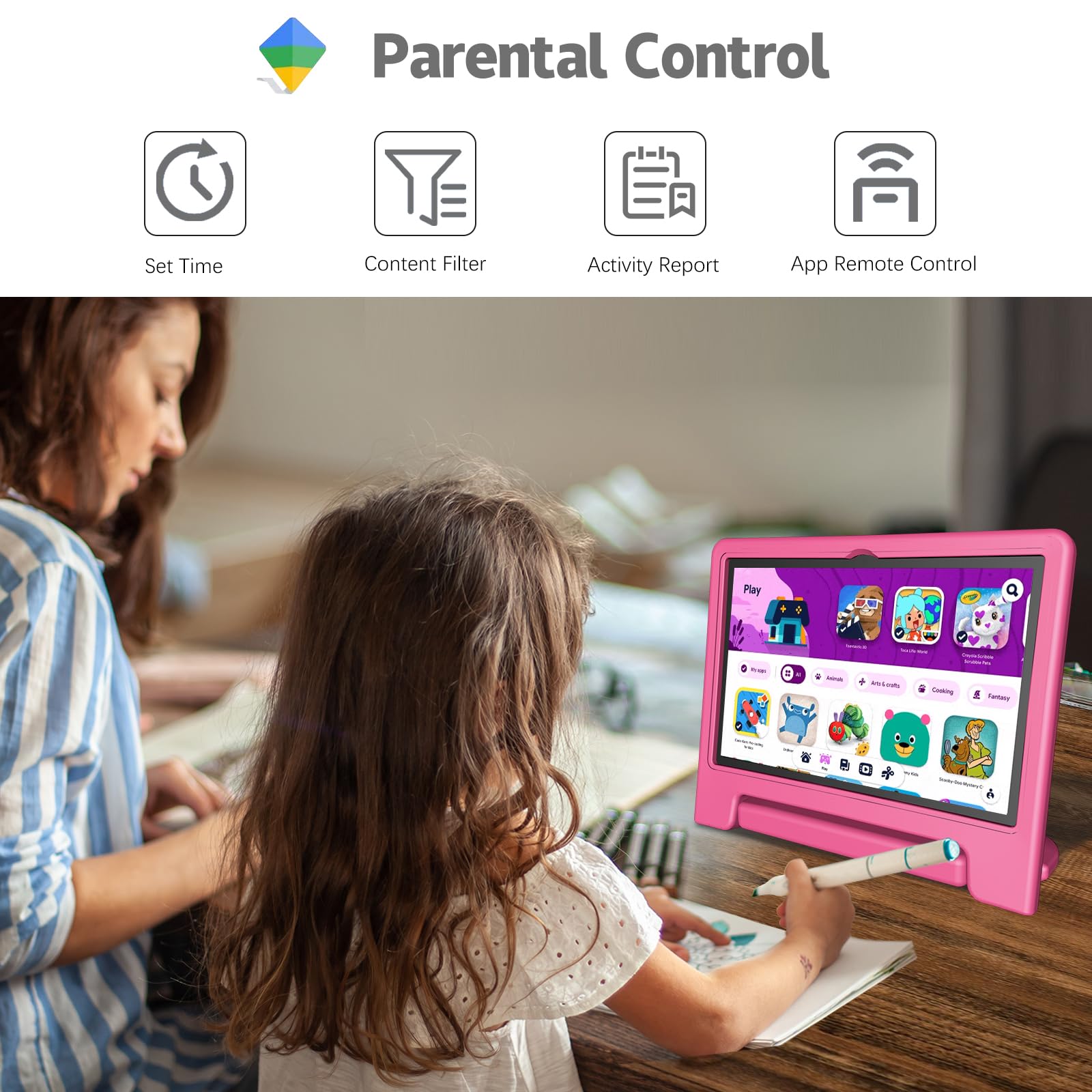 10.1 Inch Kids Tablet - Android 14, 64GB Storage, Octa-Core Processor, WiFi Enabled, Long Battery Life with Parental Controls | HD 1280x800 Display | Google Kids Space Preloaded | Perfect for Learning & Entertainment (Pink)
