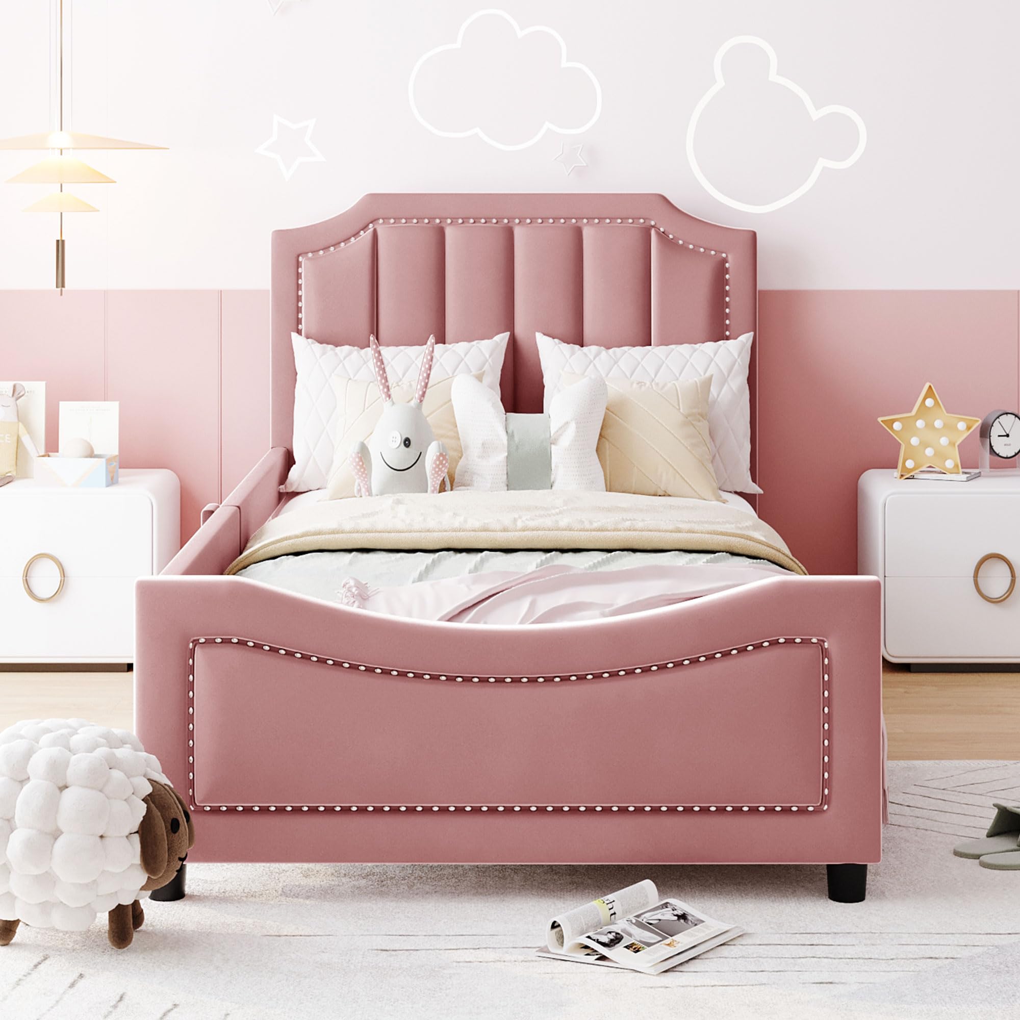 Harper & Bright Designs Upholstered Twin Daybed Frame for Kids - Velvet Twin Bed with Classic Striped Headboard, Sturdy Wood Frame for Boys & Girls - Pink (Perfect for Bedrooms, Playrooms & Guest Rooms)