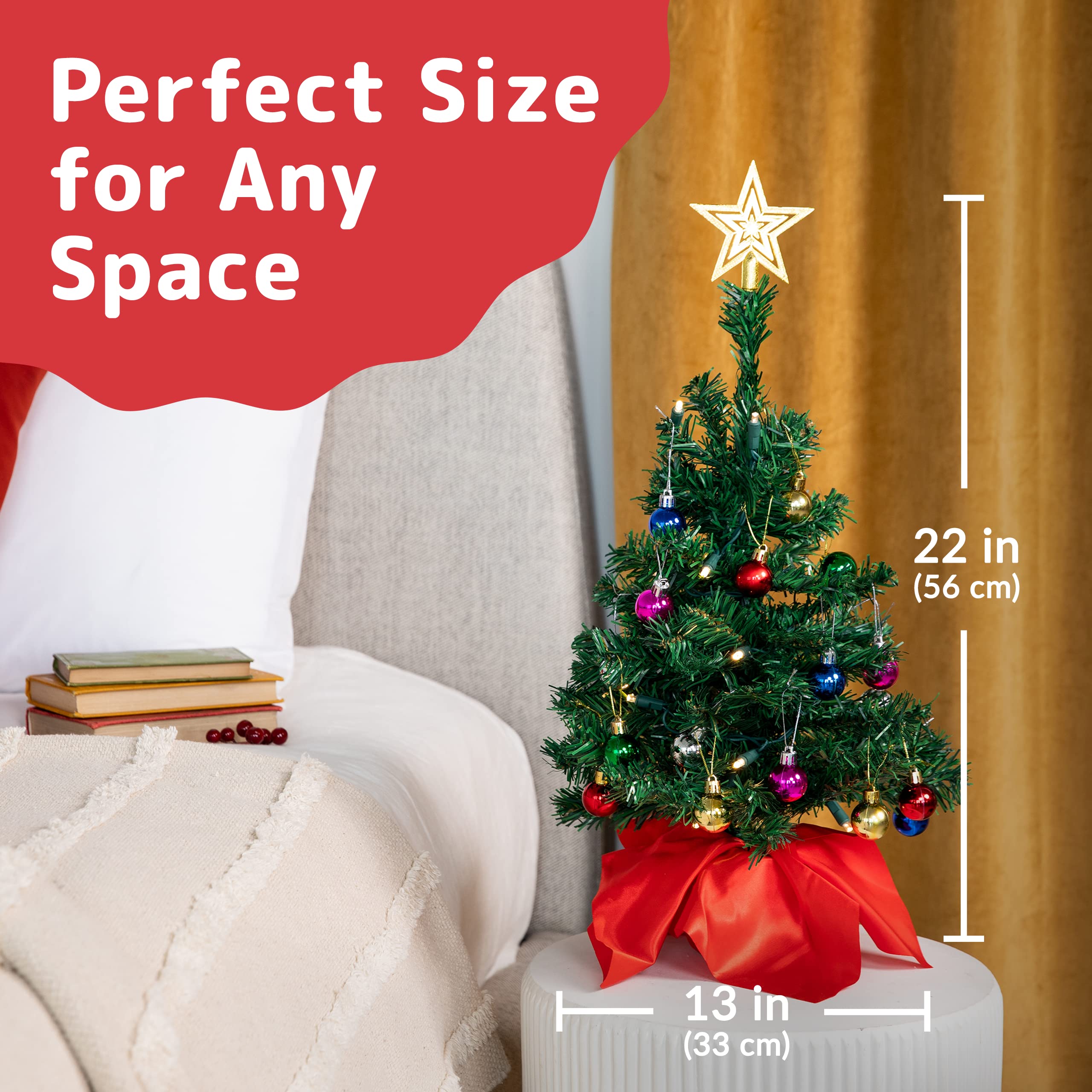 Prextex 22-Inch Mini Christmas Tree with Warm White LED Lights, Ornaments & Gift Boxes - Small Decorative Tabletop Christmas Tree for Home, Office, Party & Holiday Decor - Perfect for Mantel, Desk, Shelf or Entryway Decorations