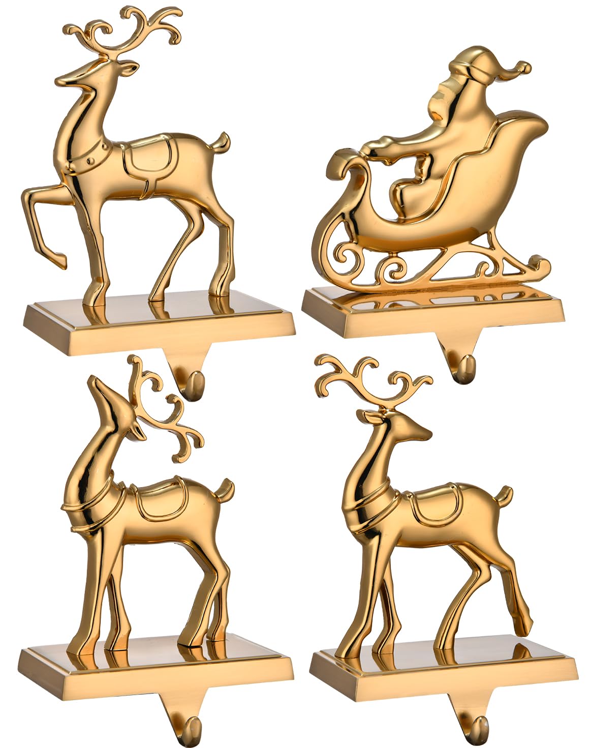 Reindeer Christmas Stocking Hangers for Mantel - Set of 4 Antique Gold Fireplace Stocking Holders, Xmas Mantel Hooks for Hanging Stockings & Ornaments - Perfect for Holiday Decor & Festive Fireplace Displays