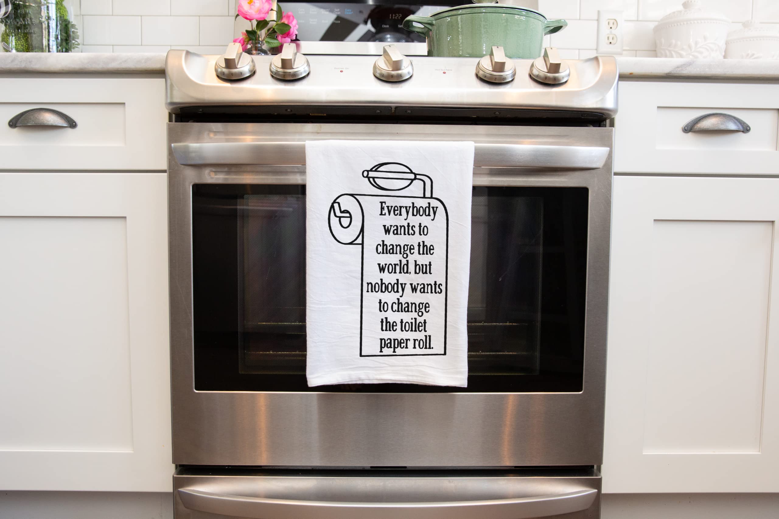 Handmade Funny Bathroom Towel - 100% Cotton 'Change the Toilet Paper, Change the World' Novelty Kitchen & Bath Decor - 28x28 Inch Perfect for Hostess, Housewarming, Christmas, Mother’s Day & Birthday Gifts - Great for Bathroom Humor, Gag Gifts & Home Decor