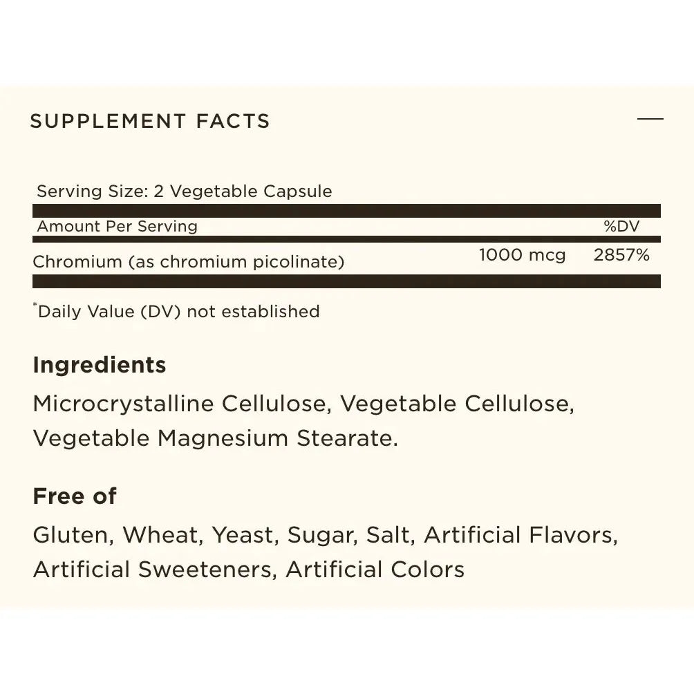 Solgar Chromium Picolinate 500 mcg Supplement for Blood Sugar Support & Metabolism - Vegan Capsules for Weight Management & Energy Boost
