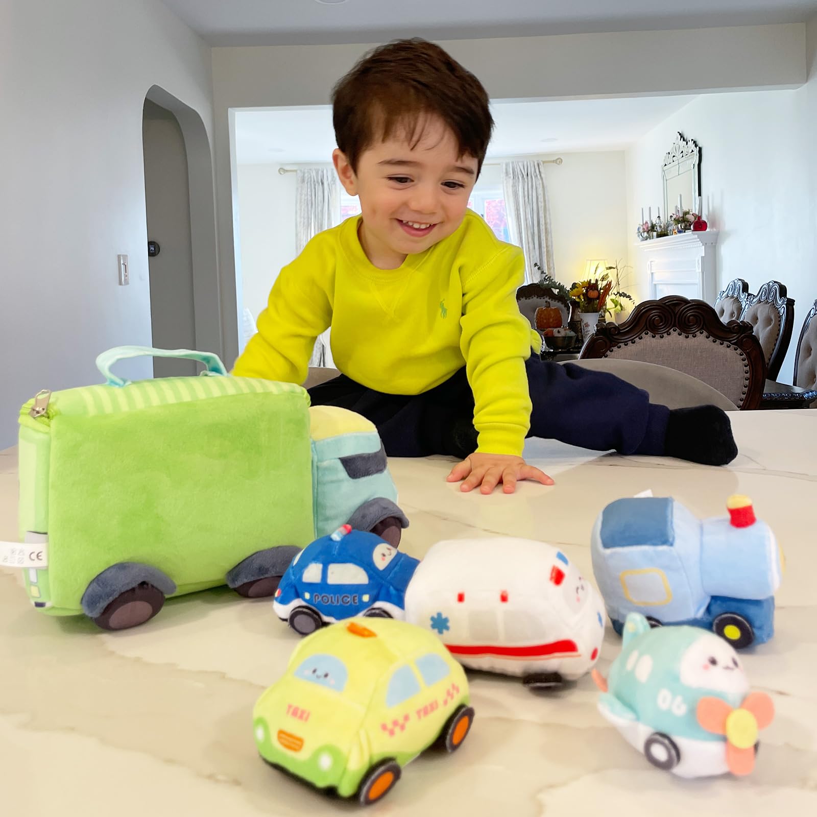 OUOZZZ Soft Baby Boy Toys - Plush Cars for Toddlers 1-3 Years | Little Blue Truck Stuffed Animal with Squeaker & Bell | Sensory Learning Toys | First Birthday Gift for Boys & Girls | Portable Play Set for Home, Travel & Daycare Activities