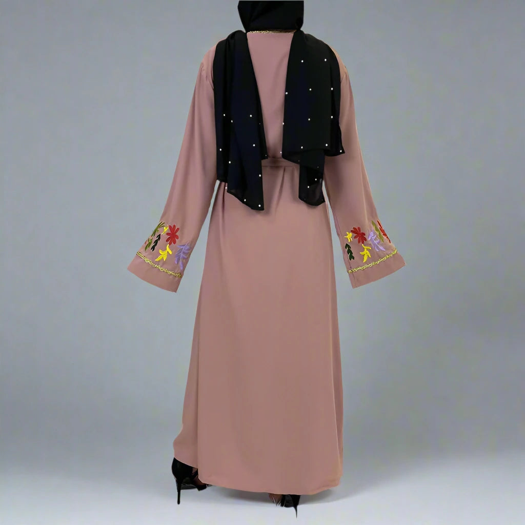 Elegant Muslim Women's Embroidery Open Abaya Dress - Modest Islamic Clothing for Prayer, Mosque & Special Occasions