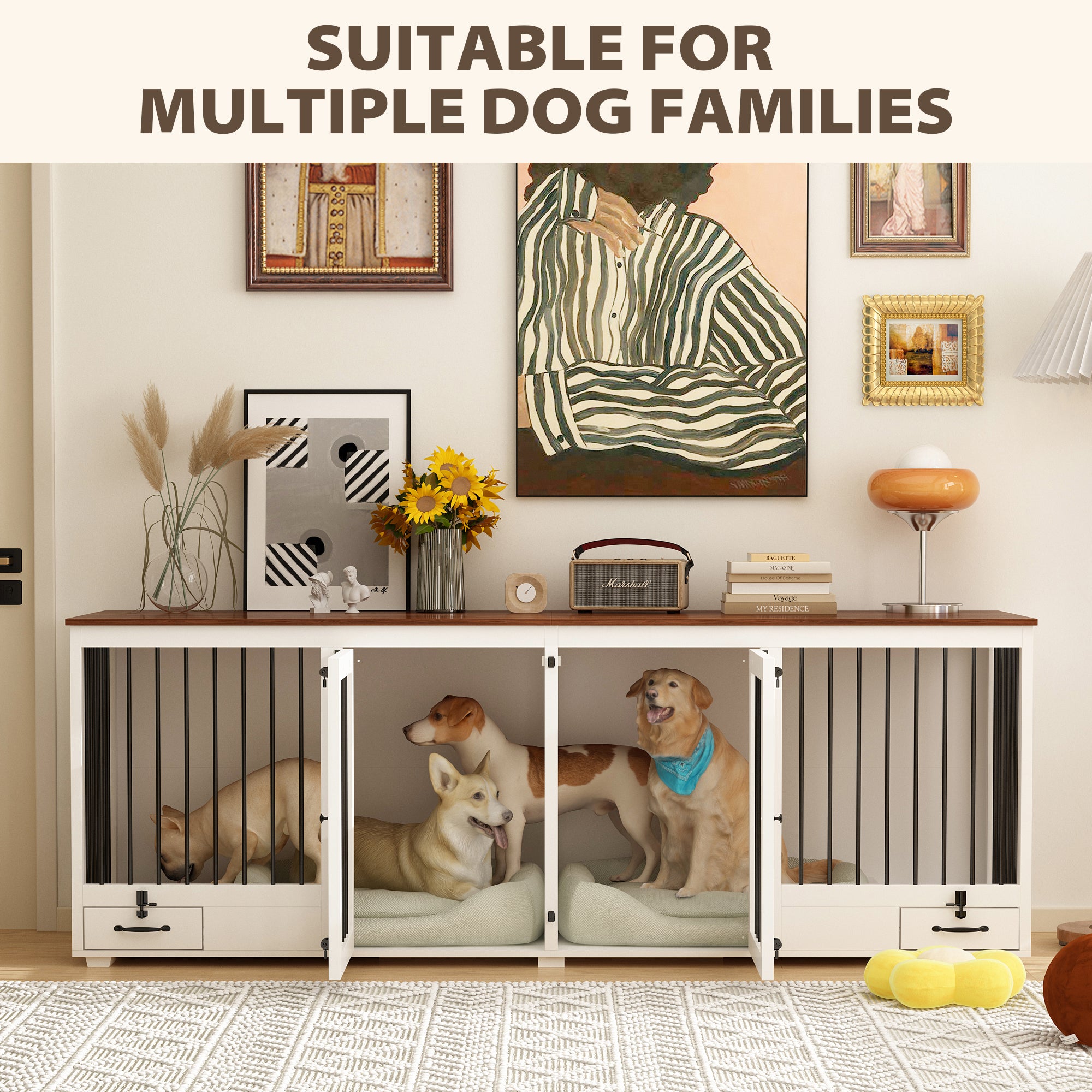 Stylish Large Dog Crate Furniture with Removable Bowls & Adjustable Divider - Perfect for Home, Office & Travel Pet Containment