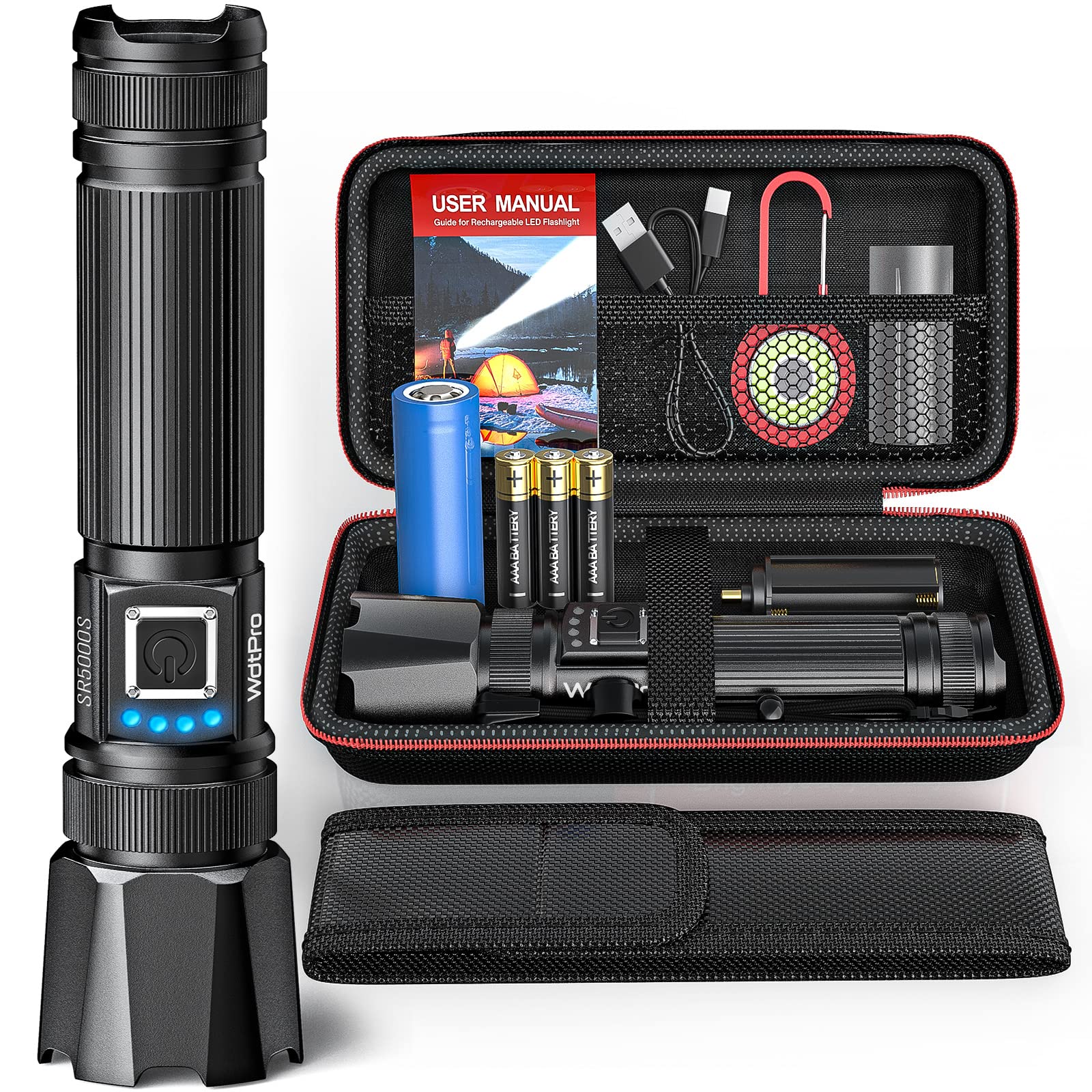 WdtPro 20000 Lumens Super Bright LED Rechargeable Tactical Flashlight - High Power Emergency Light for Camping, Hiking, Hunting & Outdoor Adventures - Perfect Survival Gear & Gift for Men