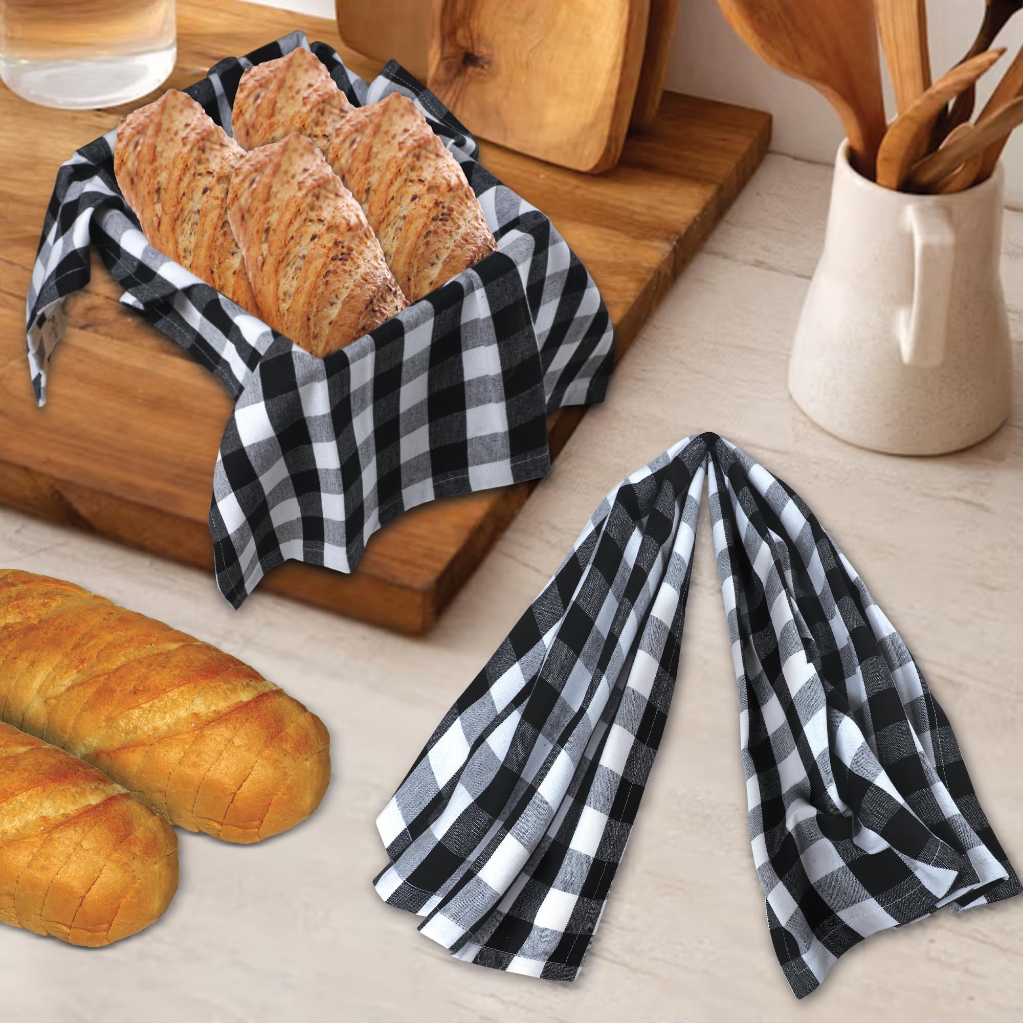Premium 6-Pack Buffalo Check Kitchen Towels - 20x30 Inches, 100% Cotton, Ultra Absorbent & Soft - Black/White Pattern with Mitered Corners - Perfect for Cooking, Baking & Holiday Decor