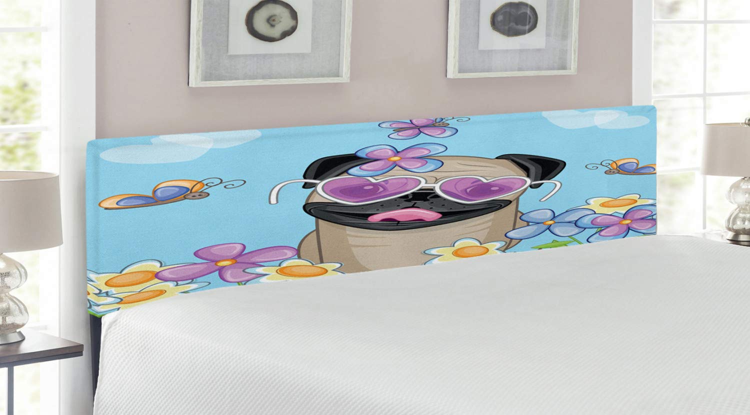 Ambesonne King Size Upholstered Metal Headboard with Memory Foam - Pug Puppy on Floral Field with Butterflies, Heart Clouds & Blue Sky Design - Perfect for Pet Lover's Bedroom Decor & Cozy Master Suite