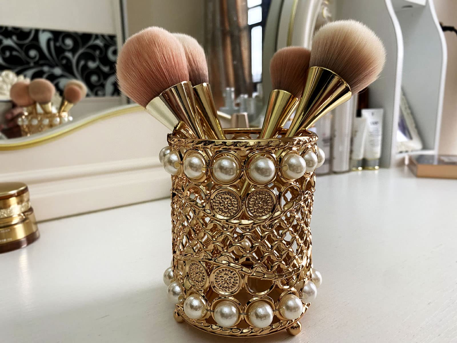 Gullor Handcrafted Pearl Makeup Brush Holder Organizer - Gold Cosmetic Storage Box for Eyebrow Comb Brushes, Pens & Pencils | Vanity, Bathroom, Bedroom & Office Desk Decor