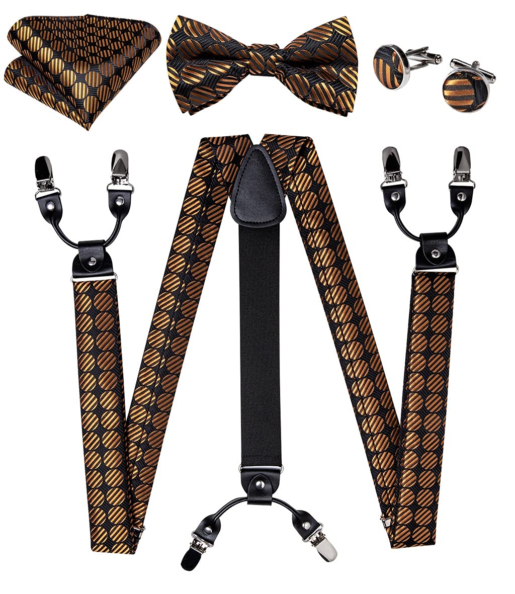 Premium Silk Men's Suspender Pants with Gold & Black Bow Tie - Adjustable Leather Metal Clip Suspenders for Suit Accessories | Formal Wear, Wedding, Business Attire, Vintage Style Outfits