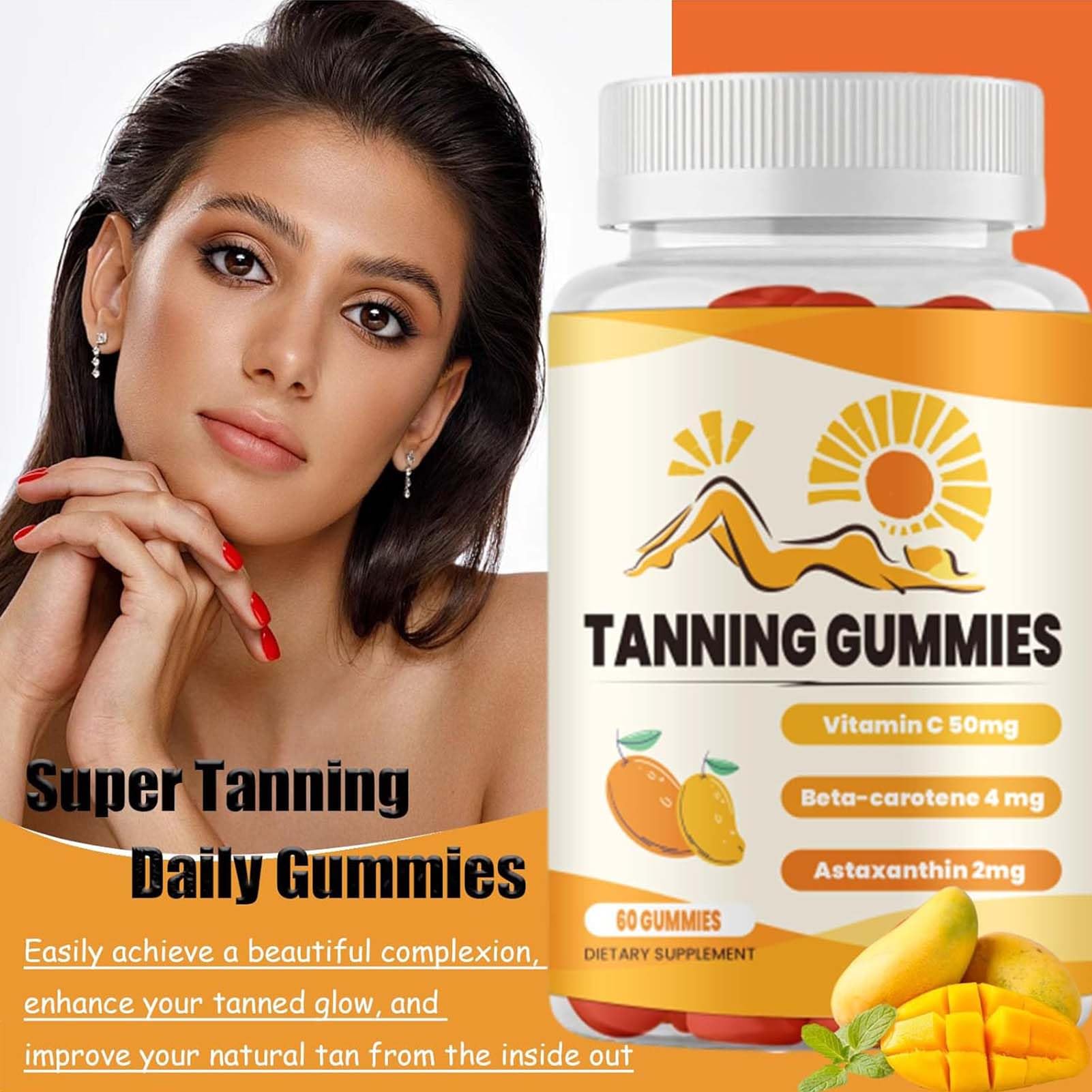 Natural Tanning Gummies with Beta-Carotene, Lycopene & Astaxanthin - Vegan, Non-GMO Supplement for Sun-Kissed Glow (60 Count) | Perfect for Beach Days, Vacations & Healthy Summer Skin Care