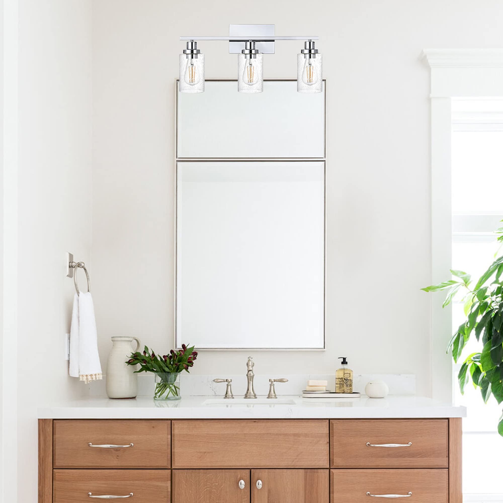 MELUCEE 3-Light Chrome Vanity Bathroom Mirror Lights with Bubbled Glass Shades - Modern Wall Sconce Lighting for Bathroom, Hallway, Kitchen & Foyer - Dimmable Indoor Fixture (Patent: US D963914 S) - Perfect for Makeup Vanity, Dressing Room & Home Decor