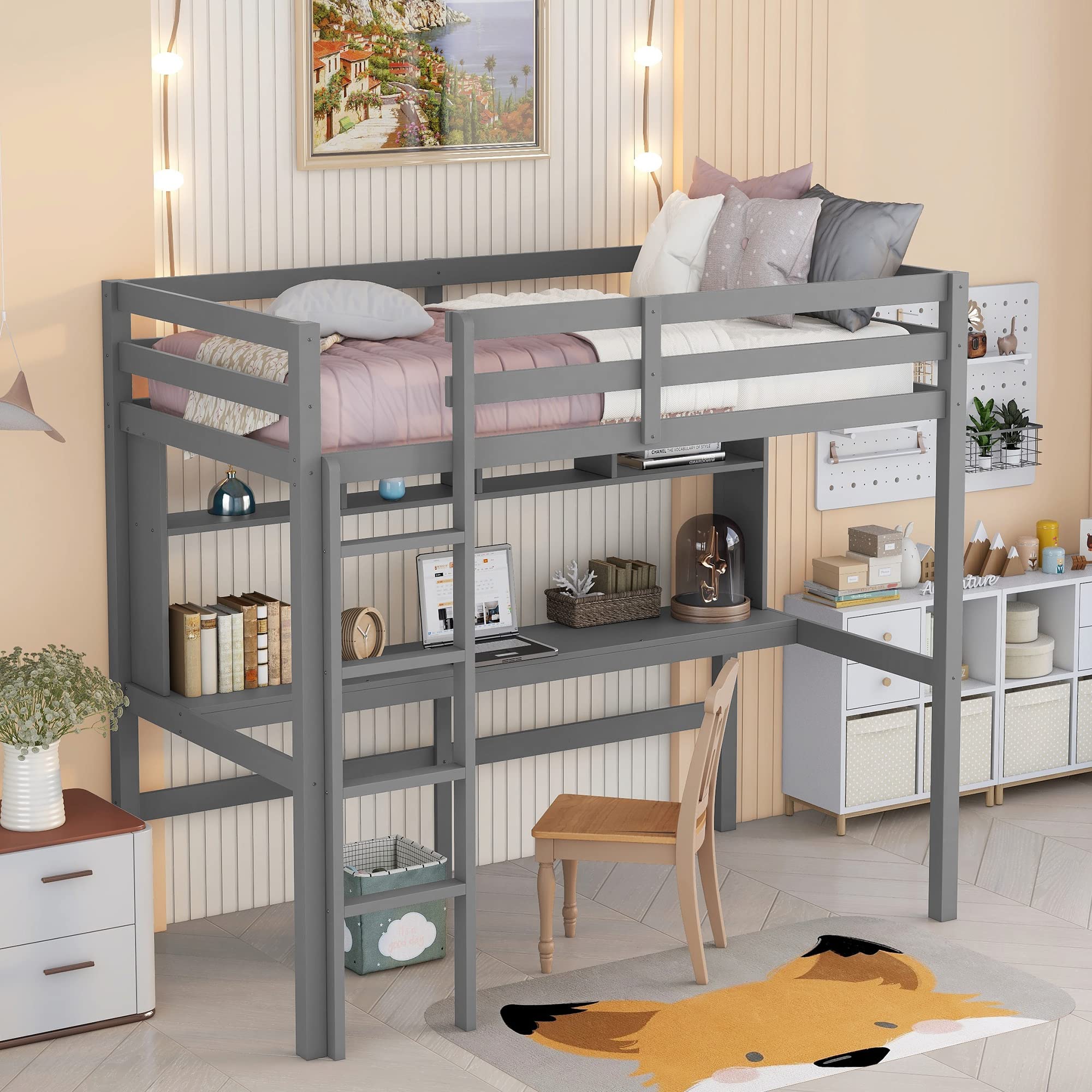 Twin Size Wooden Loft Bed with Built-in Desk, Shelves & Ladder - Space-Saving Study & Sleep Solution for Kids, Teens & Adults (Gray) - Perfect for Small Bedrooms, Dorms & Home Offices