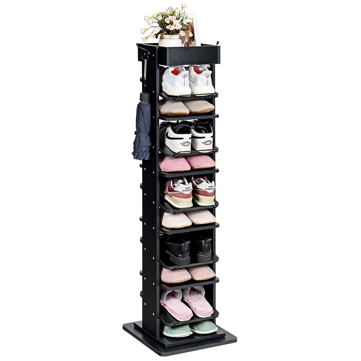 Tangkula 360° Rotating Wooden Shoe Rack - 10-Tier Space Saving Vertical Shoe Organizer with Hooks & Top Storage - Entryway, Closet & Bedroom Storage Solution (Black)