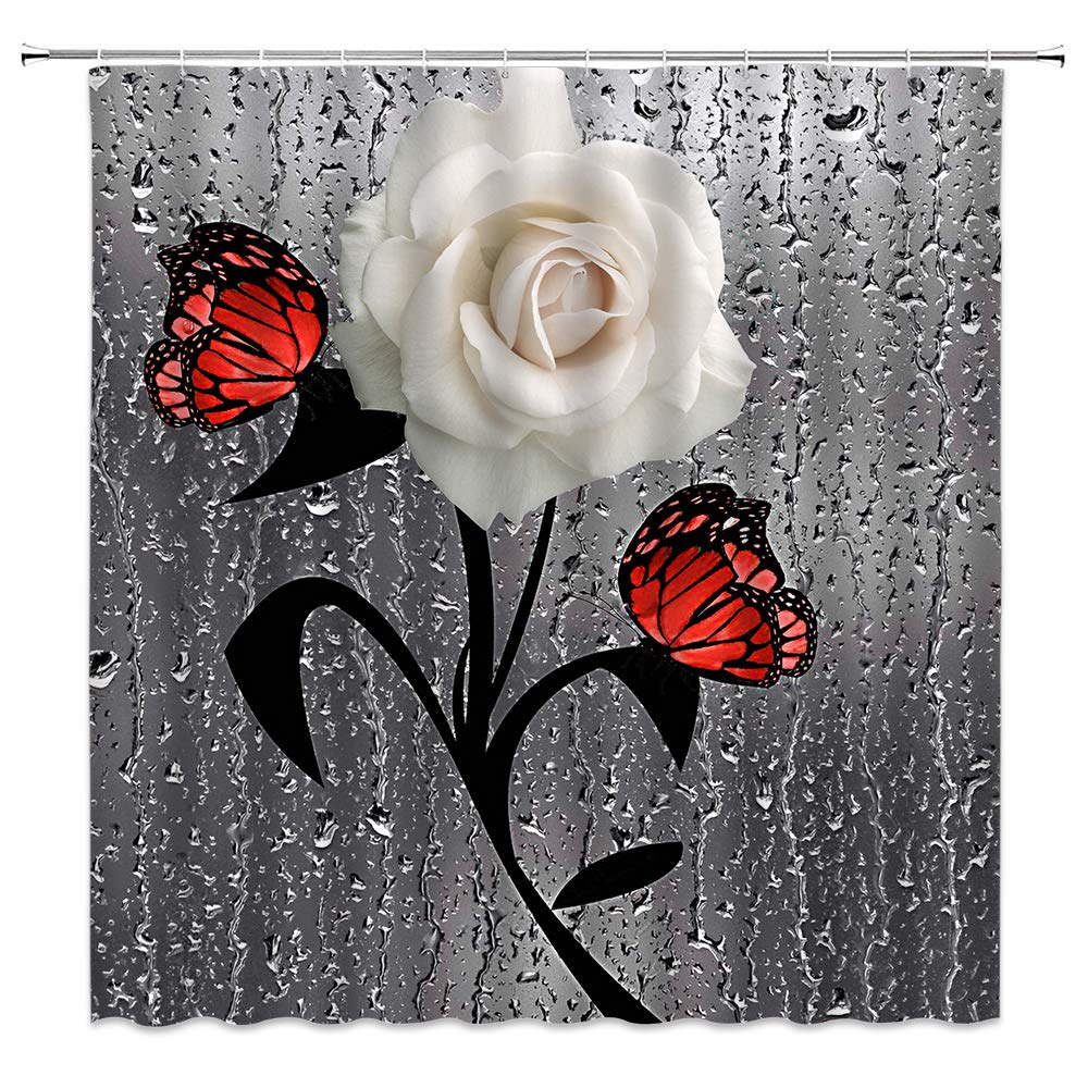 Sunhe White Rose Shower Curtain - Romantic Red Rose & Butterfly Design with Waterdrop Pattern, Rustic Fashion Bathroom Decor Set with Hooks | Perfect for Vintage, Farmhouse & Bohemian Style Bathrooms