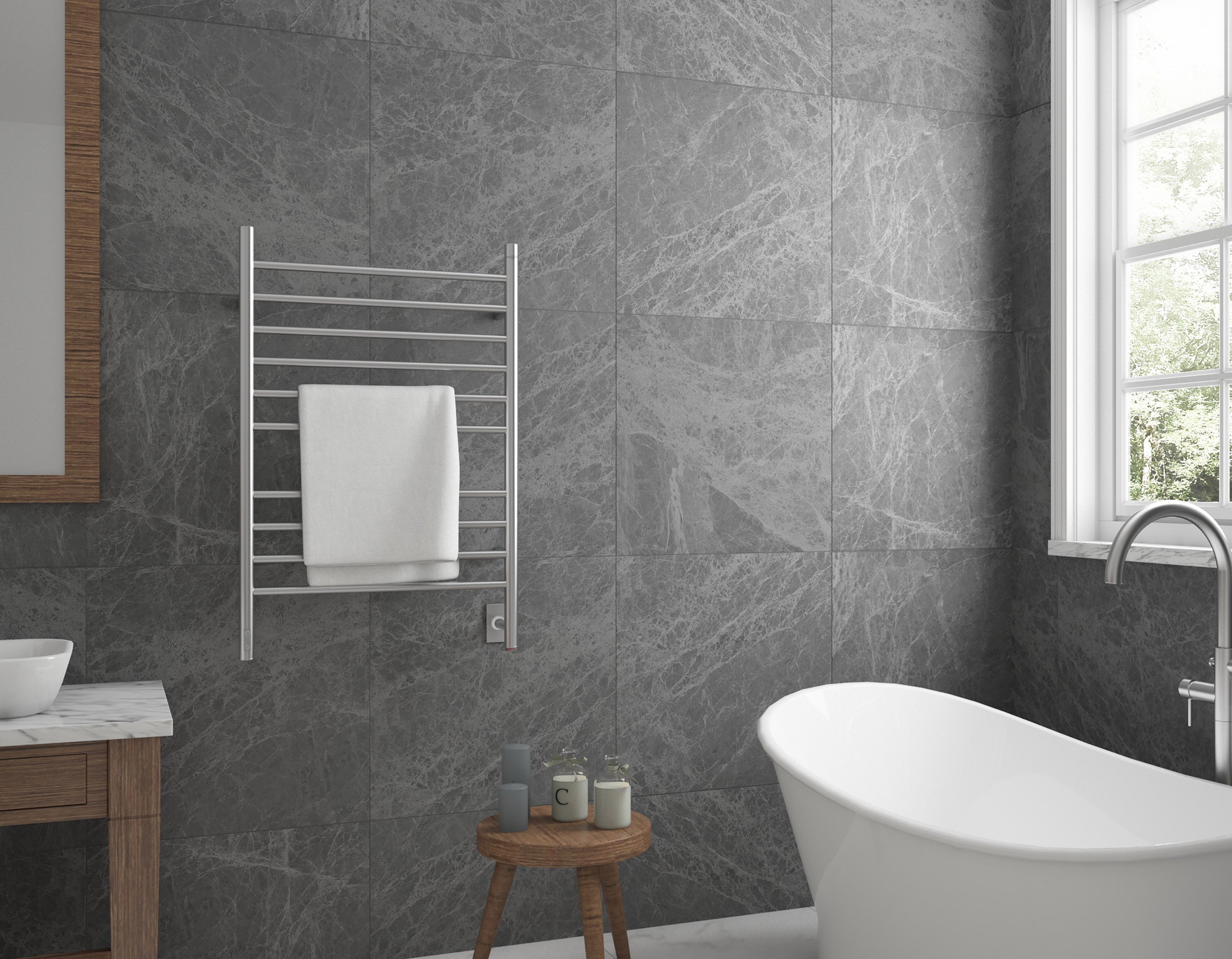 Argenta OBT 10 Bar Hardwired & Plug-in Electric Towel Warmer with Built-in Timer - Brushed Stainless Steel - Perfect for Bathrooms, Spas & Luxury Homes