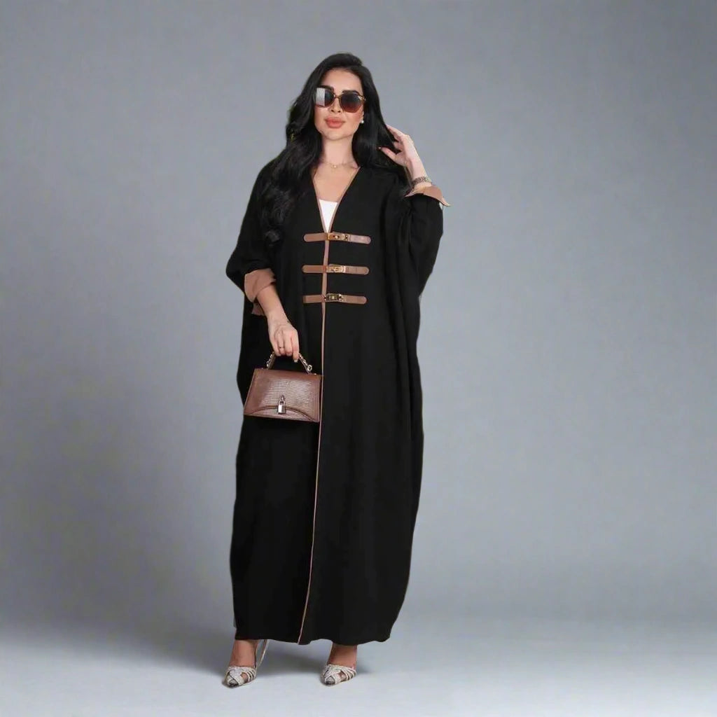 Premium Leather Buckle Women's Open Abaya Dress - Elegant Islamic Modest Fashion for Daily Wear & Special Occasions
