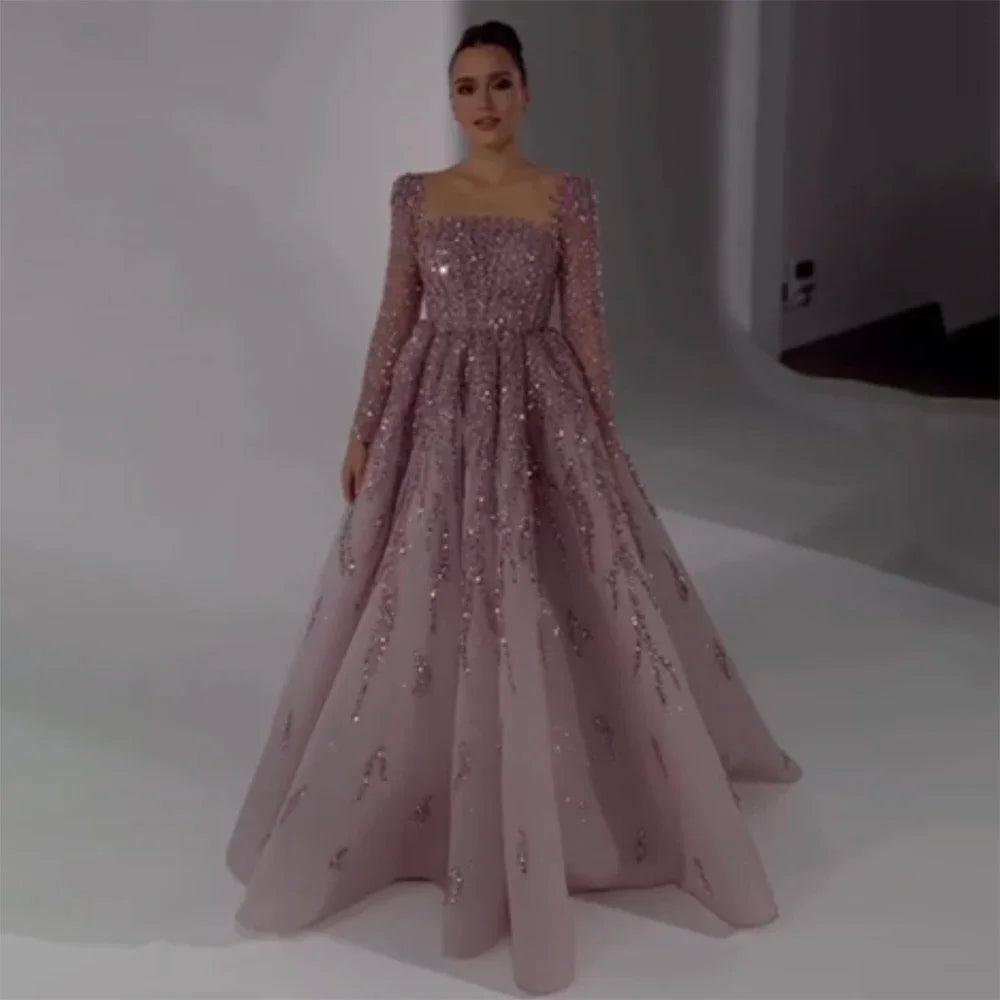 Elegant Dusty Pink Long Sleeve Evening Gown - Luxury Dubai Party Dress for Women LA71915 | Perfect for Weddings, Galas & Formal Events