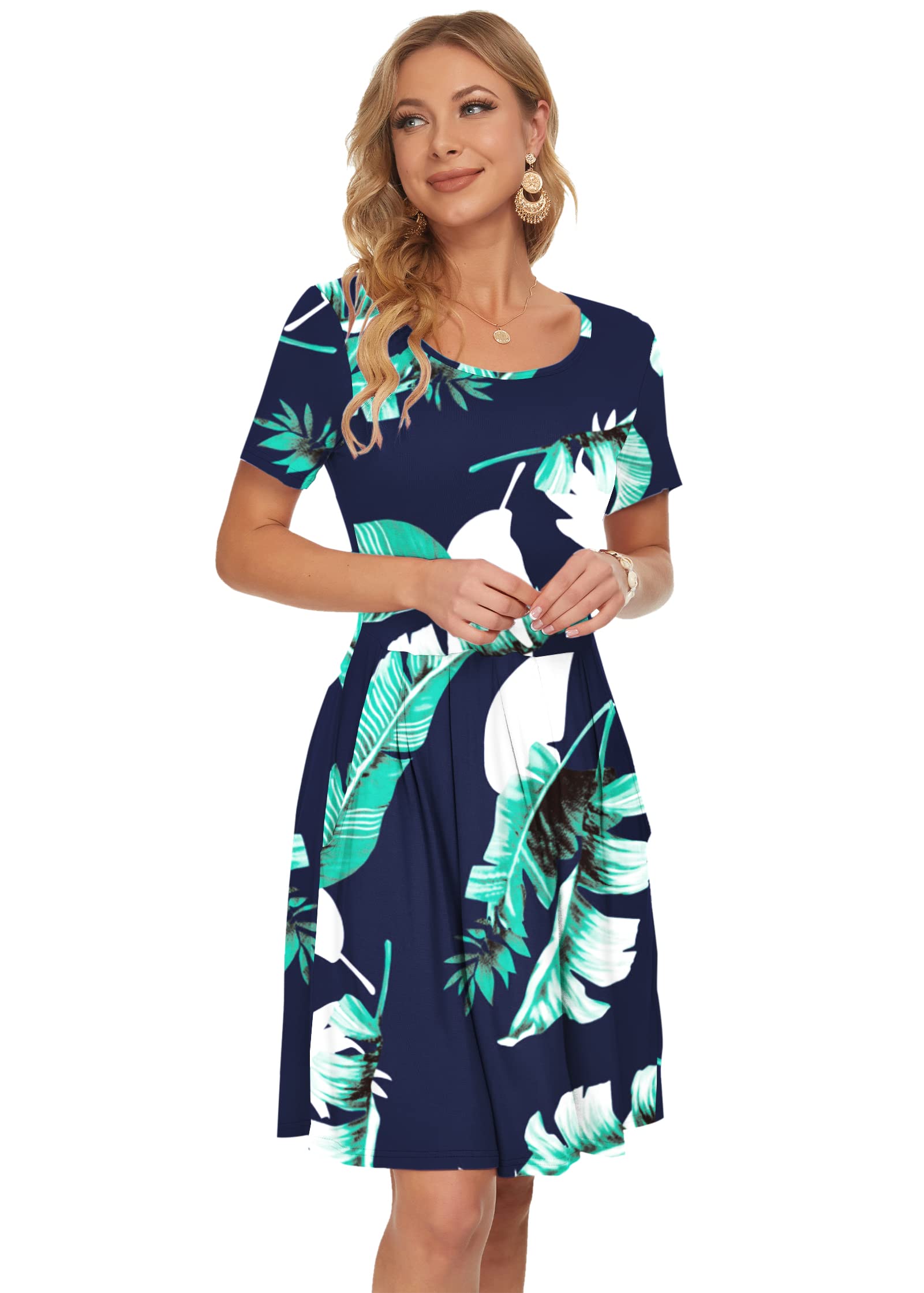 AUSELILY Women's Summer Short Sleeve Pleated Swing Dress - Loose Fit Knee Length Dress with Pockets | Casual Beach Wear, Vacation Outfit, Office Dress 2025 New
