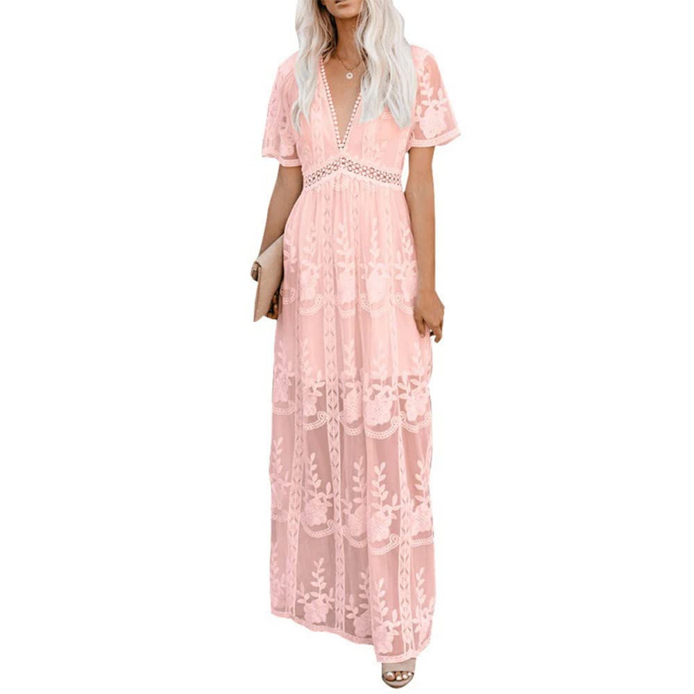 Elegant Floral Lace Wedding Dress for Women - V Neck Short Sleeve Maxi Gown for Bridal, Prom, Formal Events & Special Occasions