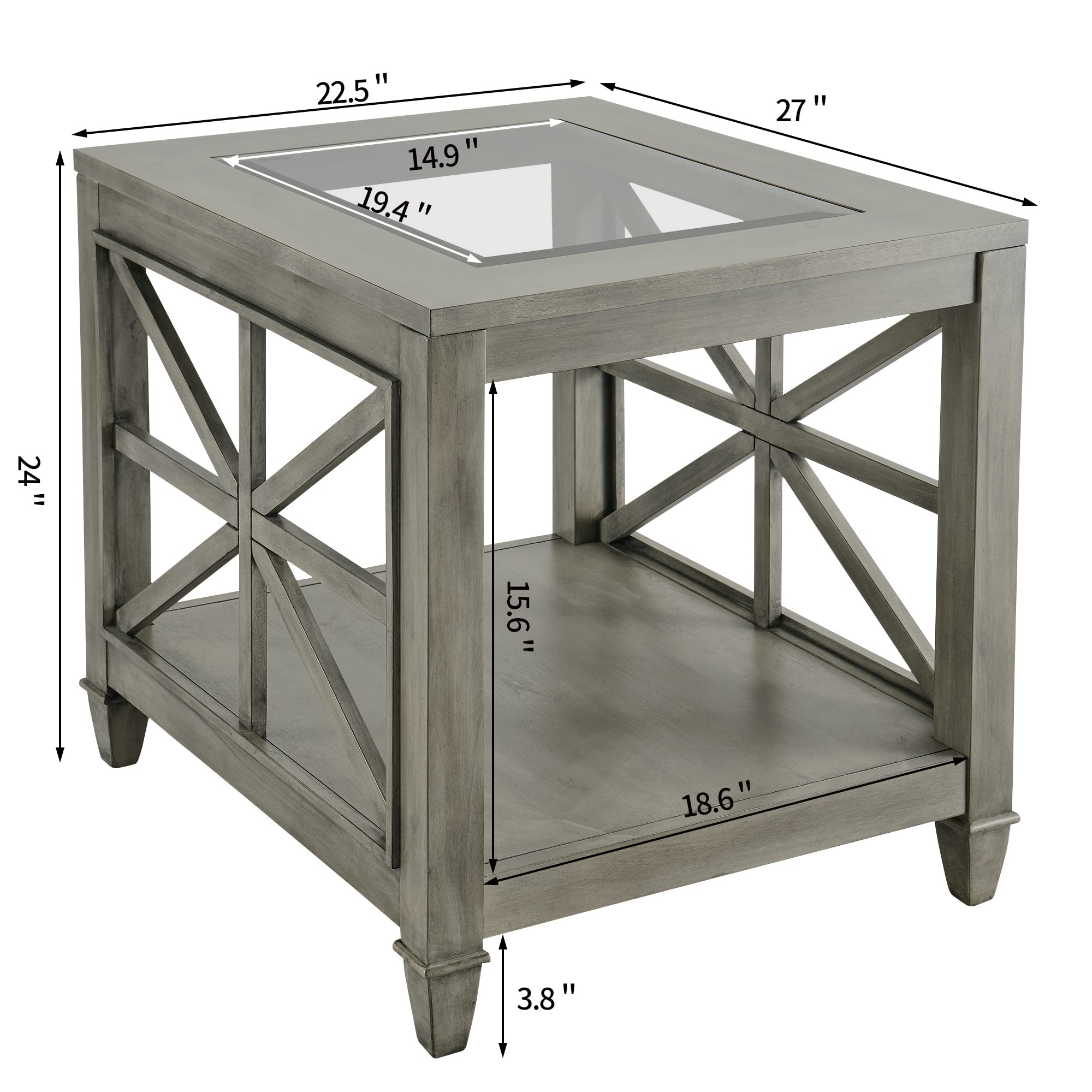 Farmhouse End Table with Storage - Solid Wood Square Side Table for Living Room, Bedroom & Office - Large Coffee Table with Tempered Glass Top in Antique Gray Finish - Perfect for Holding Lamps, Books & Decor