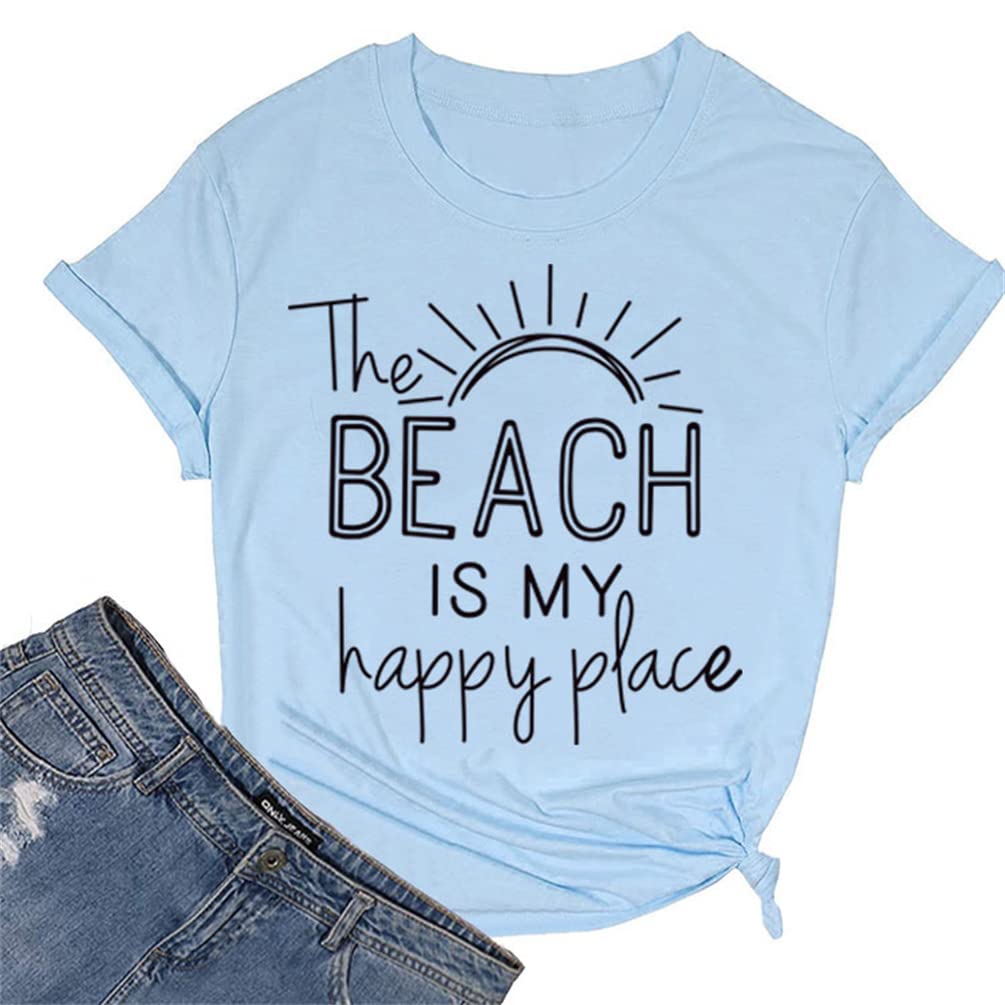 Funny Beach Quote T-Shirt for Women - 'The Beach is My Happy Place' Graphic Tee | Summer Vacation Shirts, Cute Casual Tops for Beach Outings & Relaxation