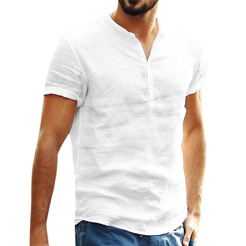 Men's Cotton Linen Short Sleeve Shirt - Solid Color Hawaiian Beach Shirt with Stand Collar | White, Size M | Casual Summer Wear, Vacation Outfit & Tropical Style
