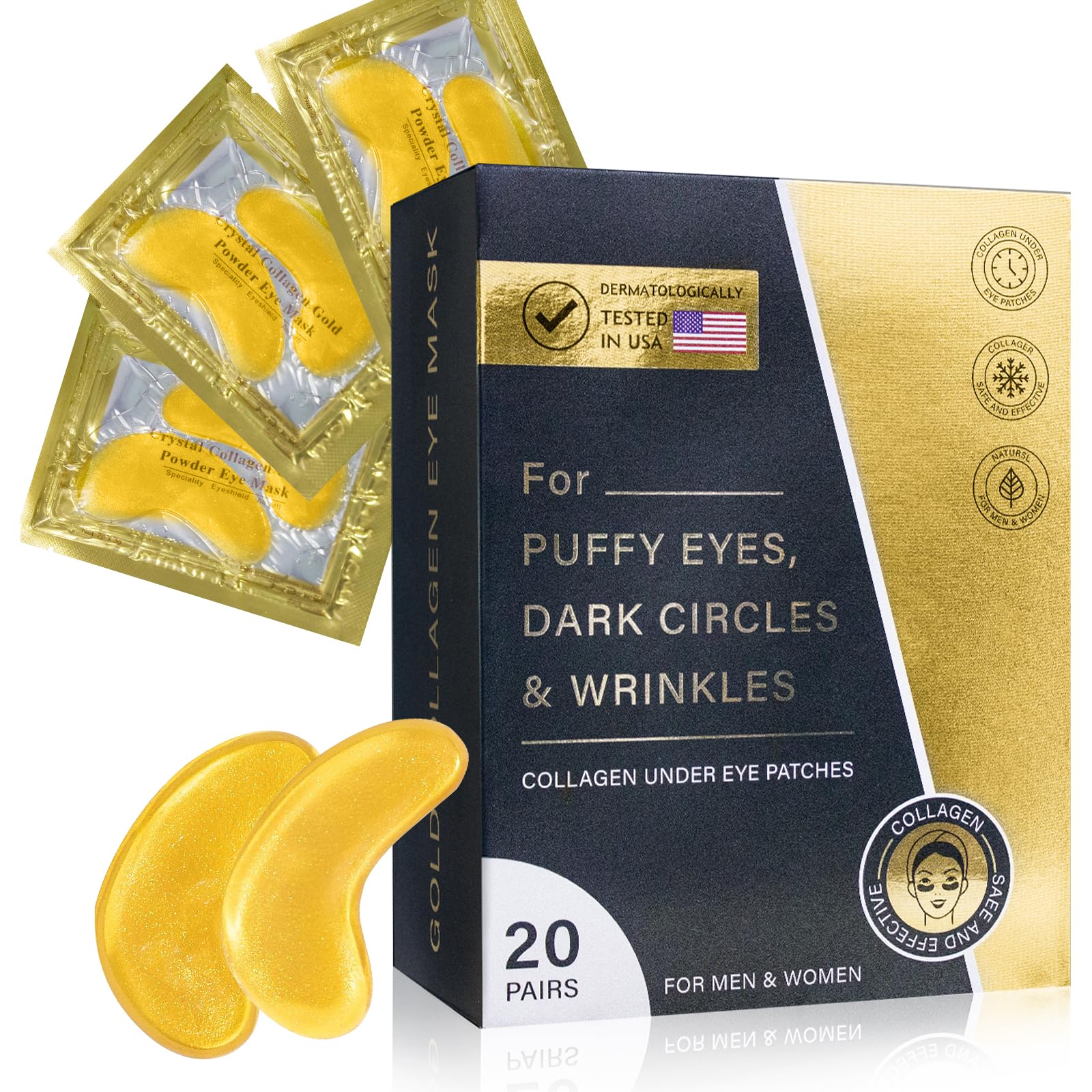 20 Pairs Under Eye Patches - Golden Eye Mask for Dark Circles, Puffy Eyes & Wrinkles | Cooling Hydrating Eye Care with Hyaluronic Acid & Collagen | Skincare Treatment for Adults | Perfect for Morning Routine, Travel & Nighttime Relaxation