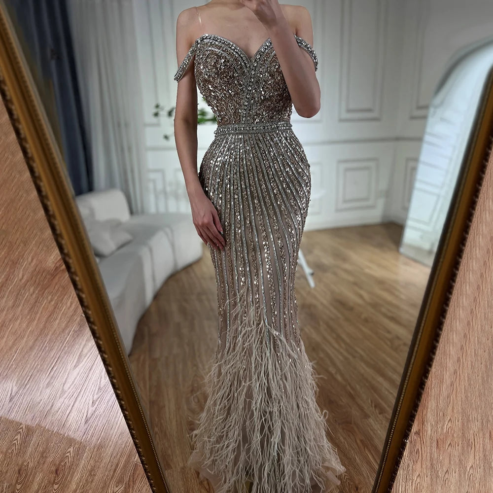 Luxury Dubai Caramel Spaghetti Strap Mermaid Gown with Feathers & Beads - Saudi Arabian Evening Dress for Formal Occasions LA72715 | Perfect for Weddings, Galas, Red Carpet Events & Special Celebrations