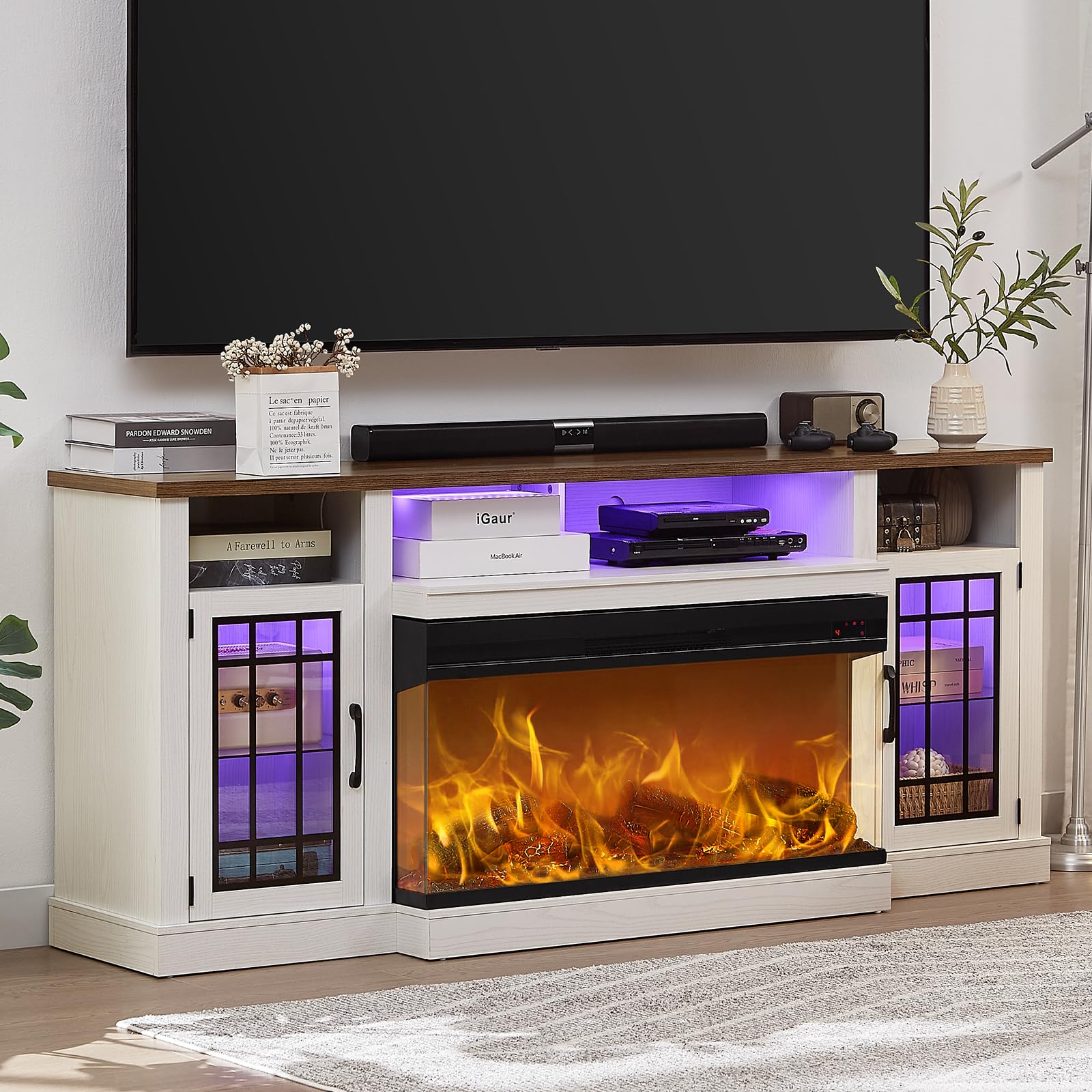 3-Sided Glass TV Stand with Electric Fireplace for 80 Inch TVs - 70