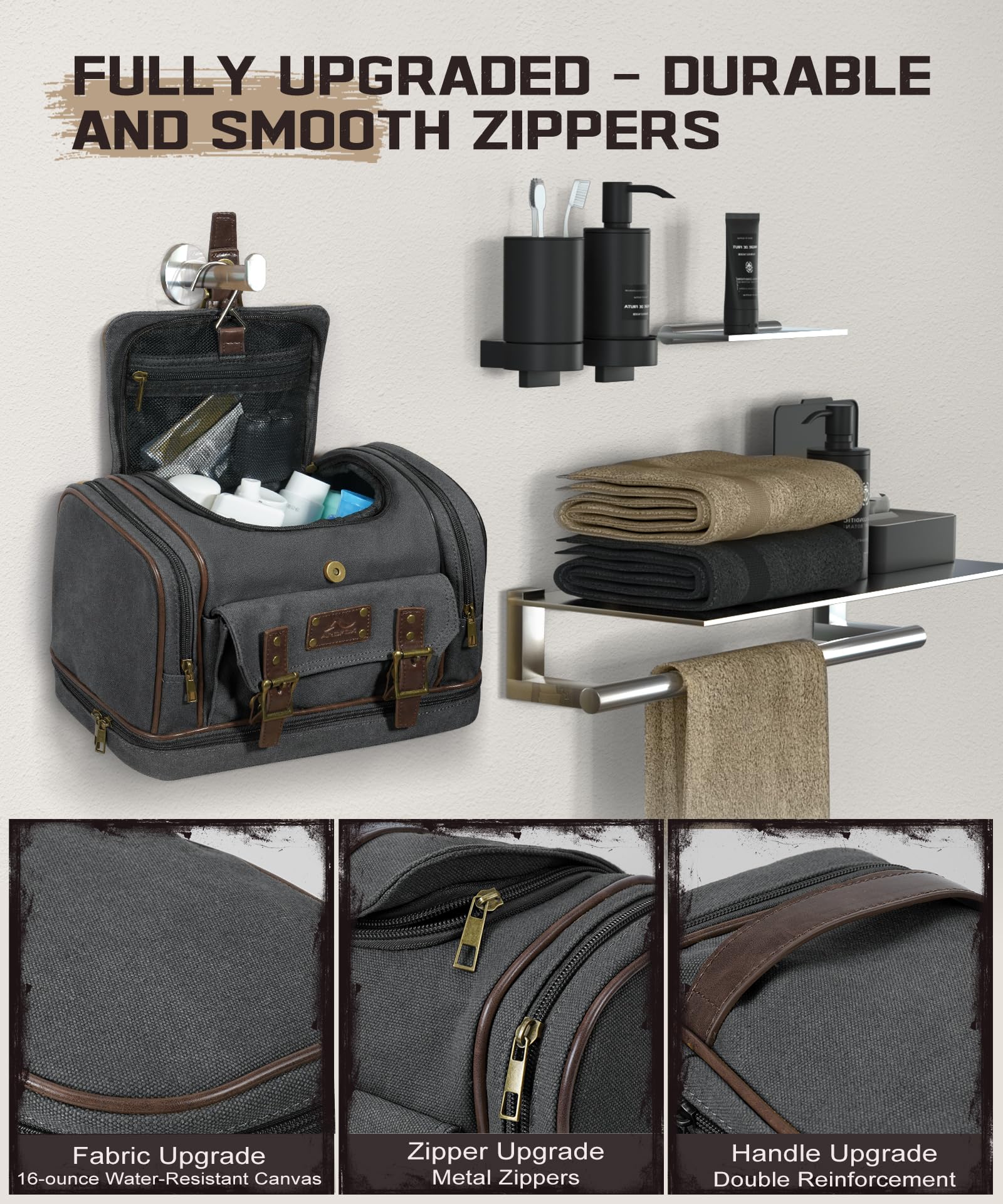 Premium Canvas Hanging Toiletry Bag for Men - 7 Compartment Travel Organizer with Large Capacity | Waterproof Gym, Camping & Business Trip Essentials Storage | Black Travel Toiletry Kit for Shaving, Cosmetics & Personal Care Items