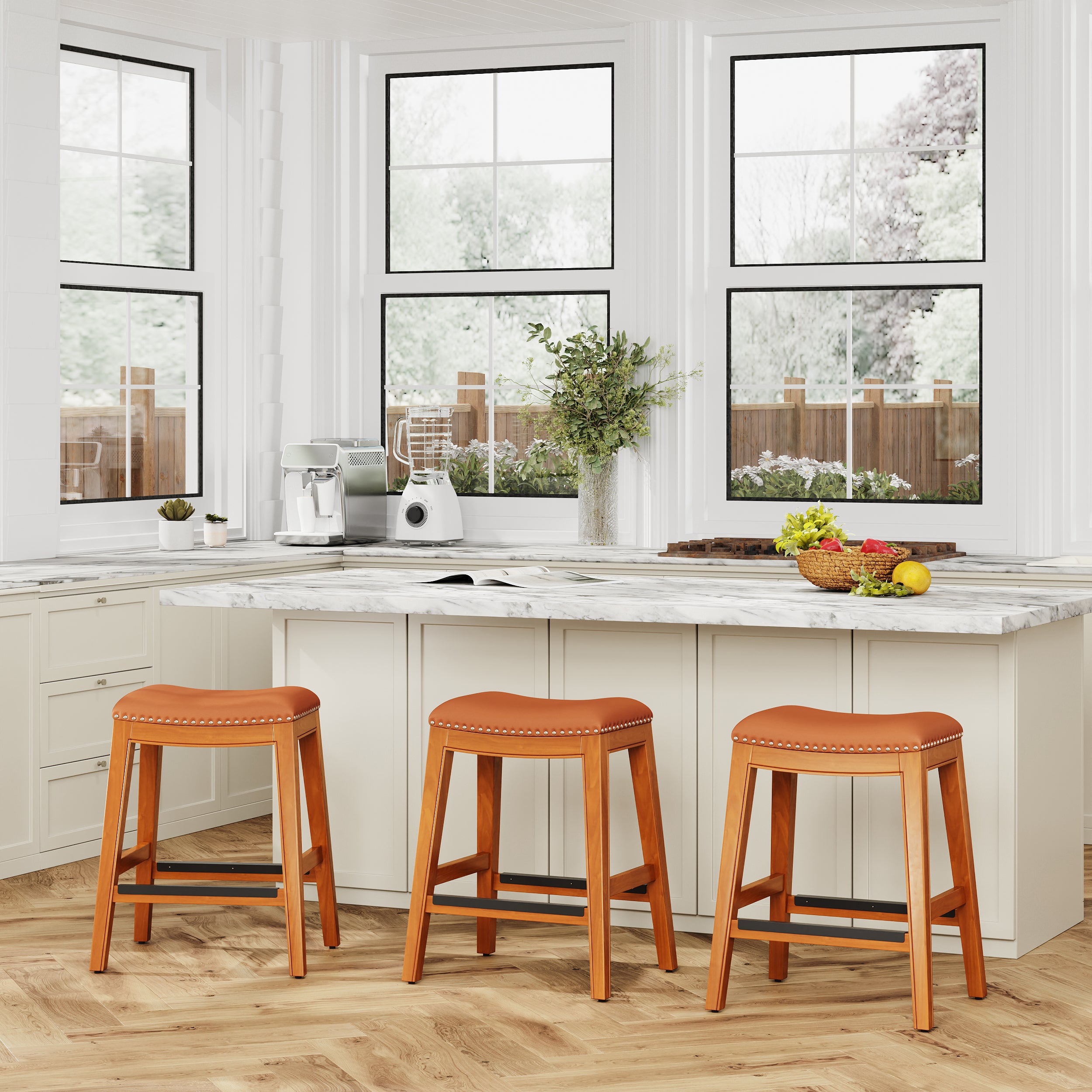 24 Inch Counter Stool with Saddle Leather Seat - Natural Wood Finish Bar Stool for Kitchen Island, Breakfast Nook & Home Bar Decor