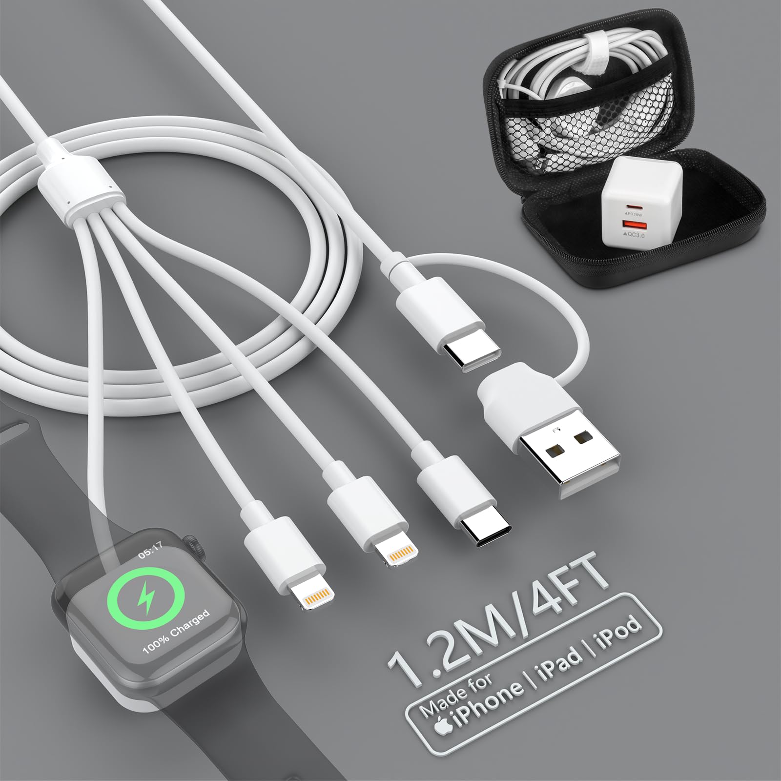 Apple Watch Fast Charger 20W PD USB-C Wall Charger & 4-in-2 Magnetic Charging Cable for iWatch Series 3/4/5/6/7/8/SE/Ultra & iPhone/AirPods - 4FT Wireless Charger Cord for Travel, Home & Office Use